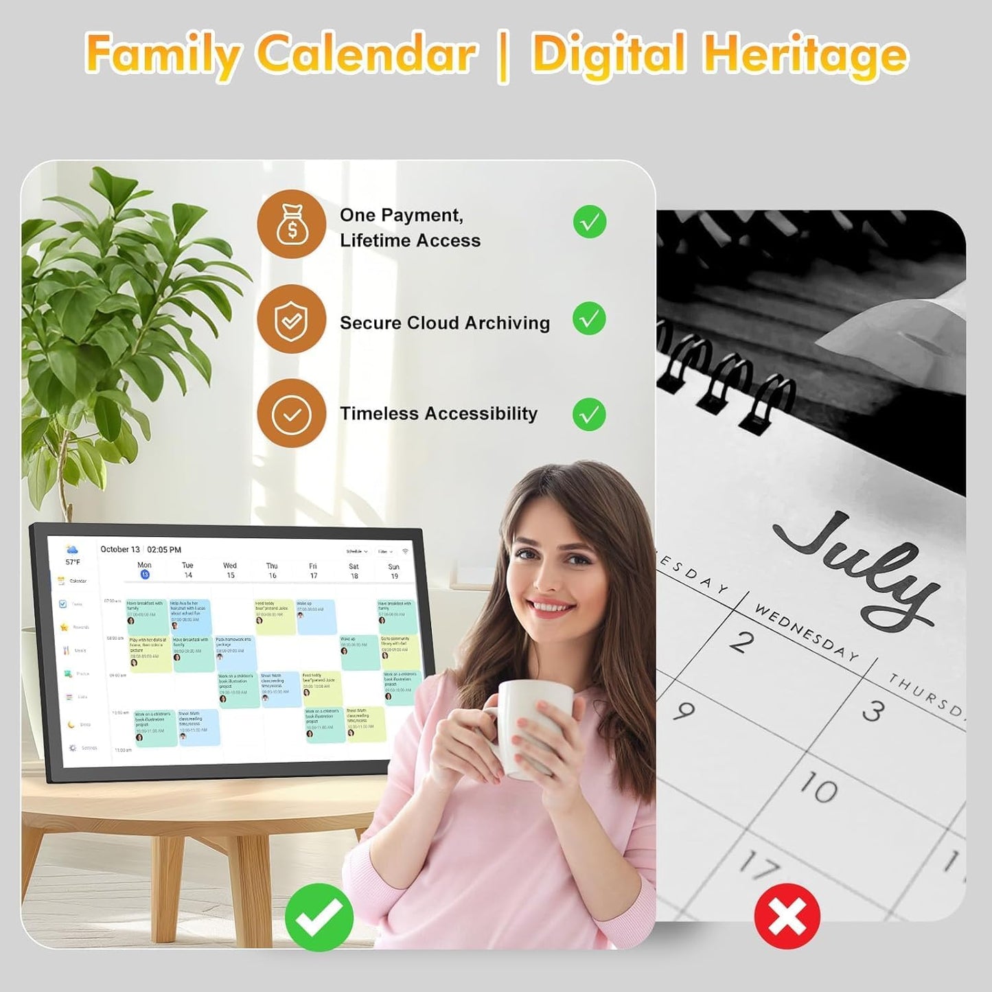 24" Digital Calendar Chore-Chart for-Family-Schedule - Interactive Touchscreen Display Electronic Calendar, Star Reward, Sync Google iCloud Outlook Calendar Via App, Wall Mount, Gift for Mother Father