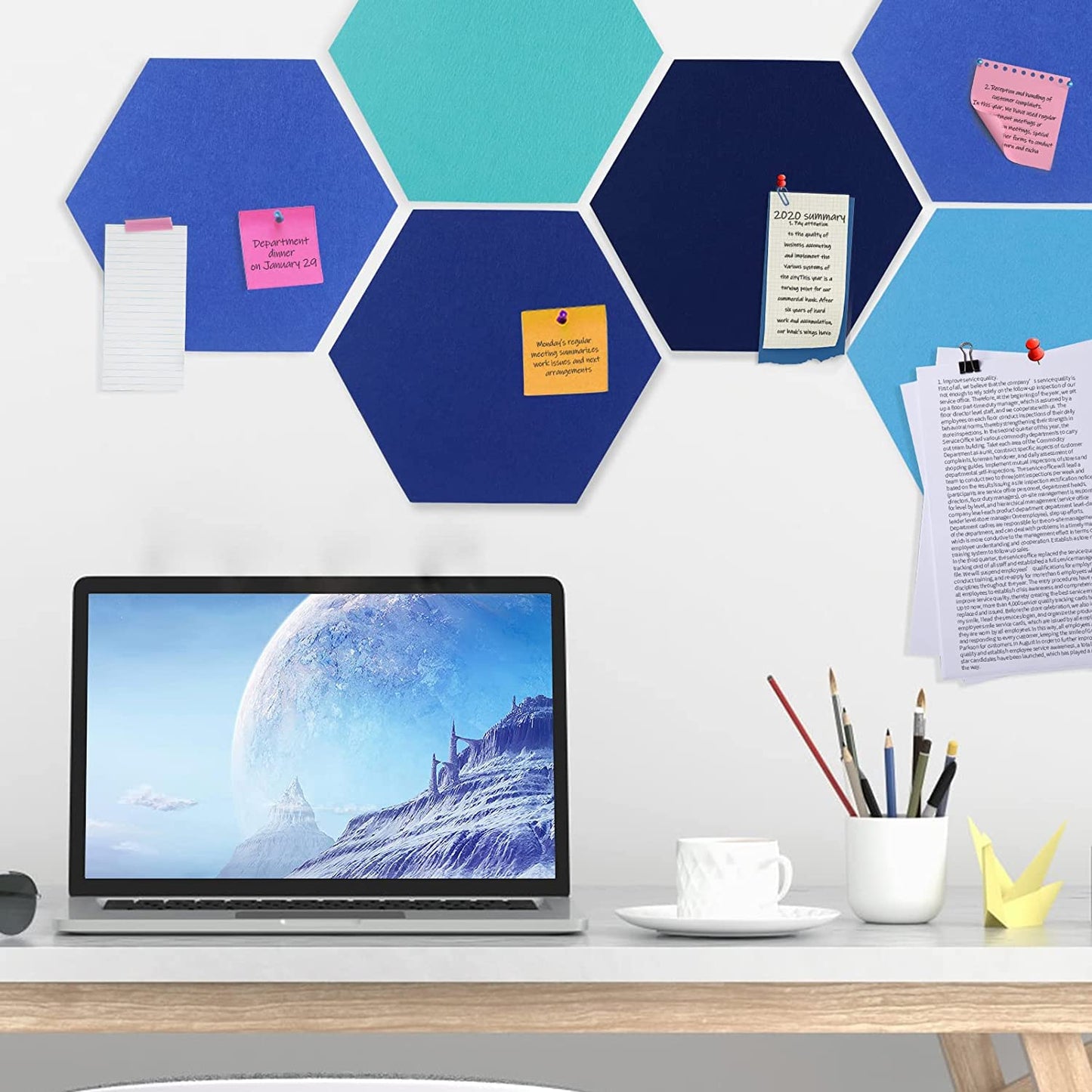 SEG Direct Hexagon Felt Bulletin Board, Large Felt Pin Board Self Adhesive Cork Board Tiles with Push Pins for Wall Office Home Decor, 11.8 x 10.2 in, 5PCS(Blue Series)