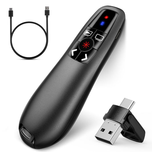2-in-1 USB Type C Presentation Clicker, Clicker for PowerPoint Presentations, Rechargeable Wireless Presenter Remote, RF 2.4GHz USB PowerPoint Clicker Slide Advancer with Volume Control