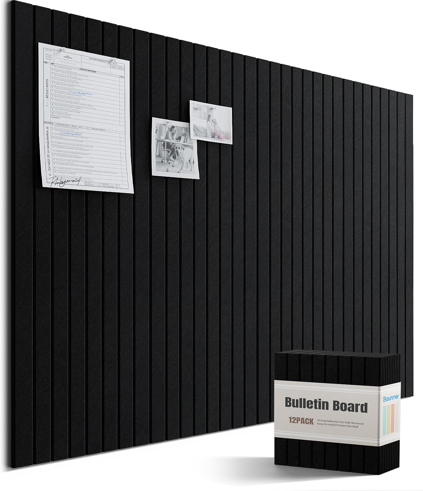 Bounmer Large Cork Board Alternative 48“ x 36”, 12-Pack Felt Bulletin Board Tiles with 60 Safe Removable Adhesive Tabs & 30 Pushpins, Cork Boards for Office Walls Decor (Black)