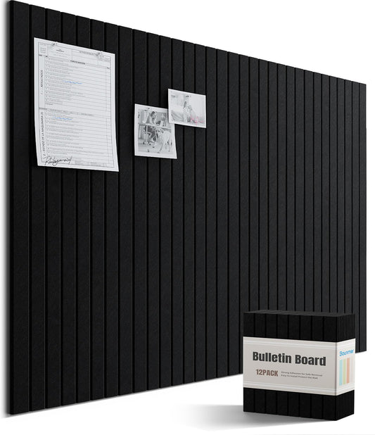 Bounmer Large Cork Board Alternative 48“ x 36”, 12-Pack Felt Bulletin Board Tiles with 60 Safe Removable Adhesive Tabs & 30 Pushpins, Cork Boards for Office Walls Decor (Black)