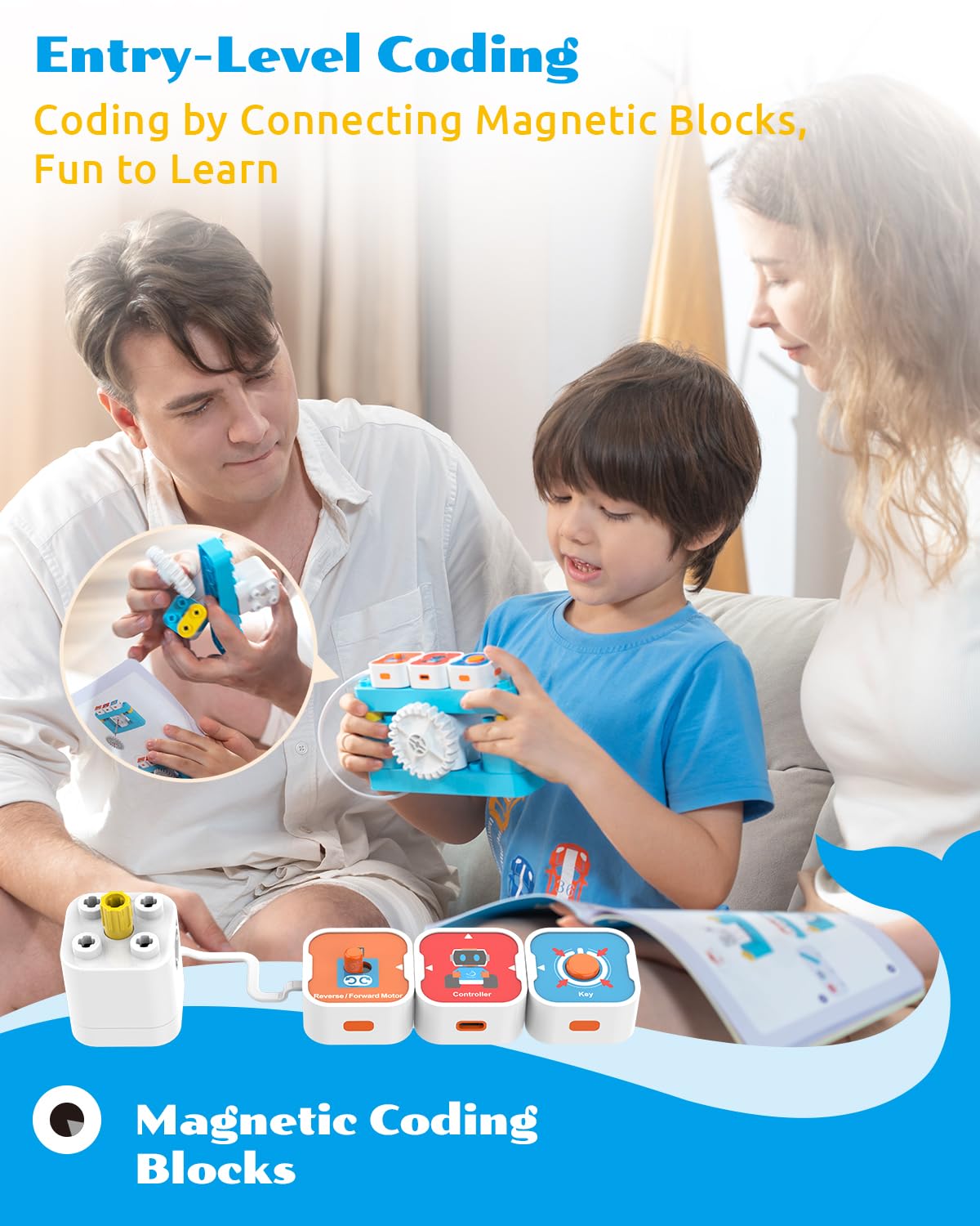 WhalesBot A1 Coding Toy for Kids, Building Block Robot, Fun STEM Toy with Magnetic Controller and Sensor Blocks, Screen-Free Coding with 3 Guide Books for Kids 3-6