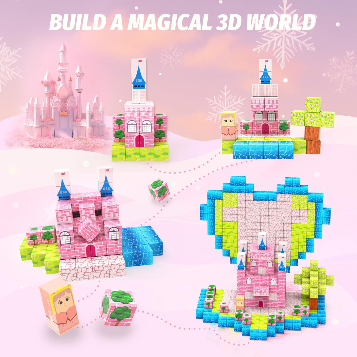 CEMECER Magnetic Blocks, 48PCS 1in Princess Magnetic Building Blocks Toy for Kids Build Cubes, Stacking Magnetic Tiles, Sensory Montessori Construction Toys, Boys Girls Christmas Birthday Gifts.