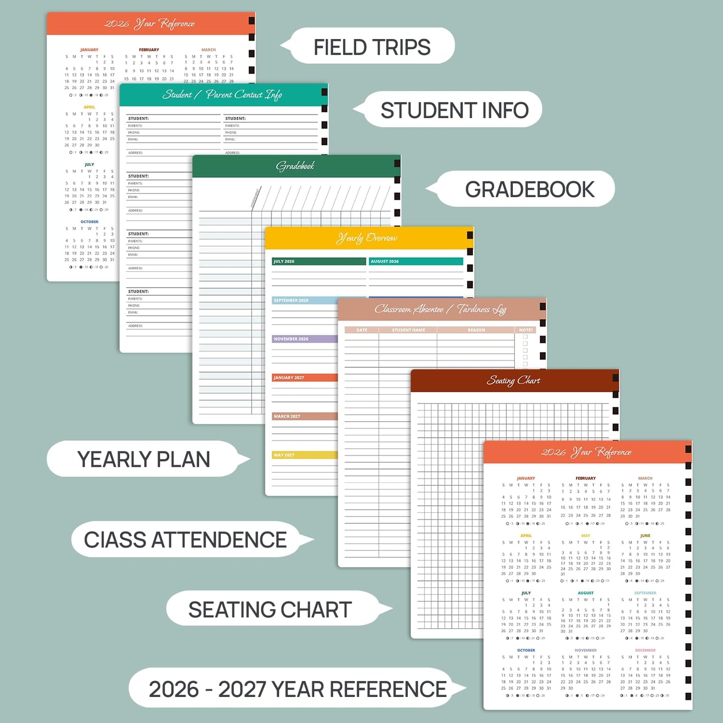 POPRUN Teacher Planner 2026-2027, Letter Size 8.5"x 11", Weekly and Monthly Lesson Calendar, July 2026-June 2027 Academic Agenda Book, 7 Period Lesson Plan Organizer Book - Olive Green