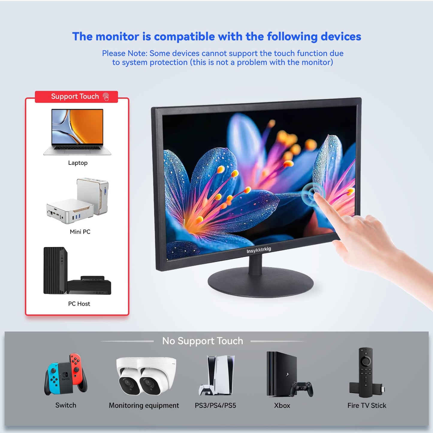 Insykktrkig Touchscreen Monitor 21.5" FHD 1080P Multi-Touch Screen HDMI VGA Type-B Dual Speakers,75Hz,VESA,Brightness 300cd/m²,Tilt Adjust,PC Office Laptop Business Computer Desktop Touch Display