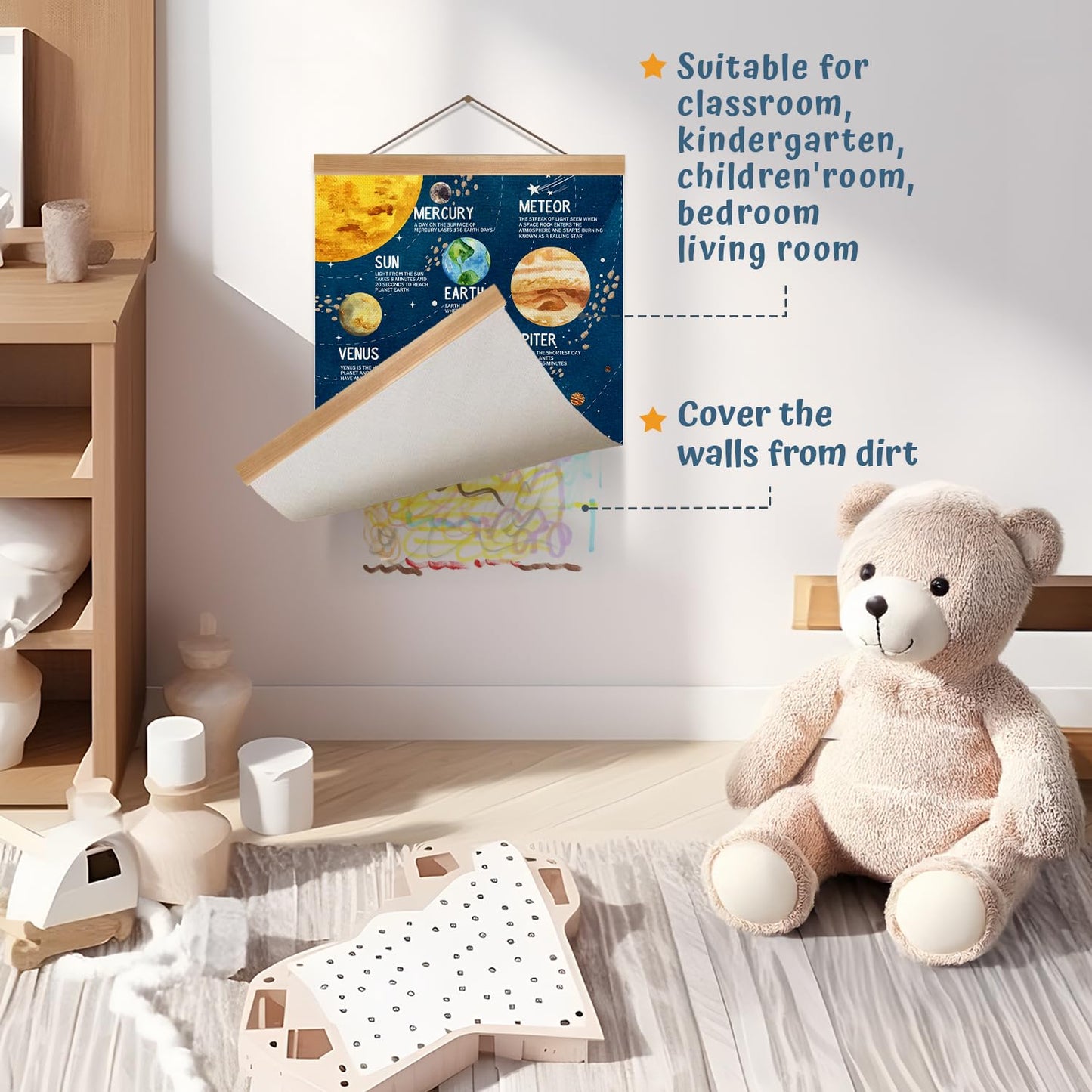Solar System Poster Wall Art Set of 1, Planets Wall Decor Wood Hanger, Space Classroom Decor, Outer Space Planets Poster for Boys and Girls Nursery, Bedroom, Playroom, Toddler and Classroom (Universe)
