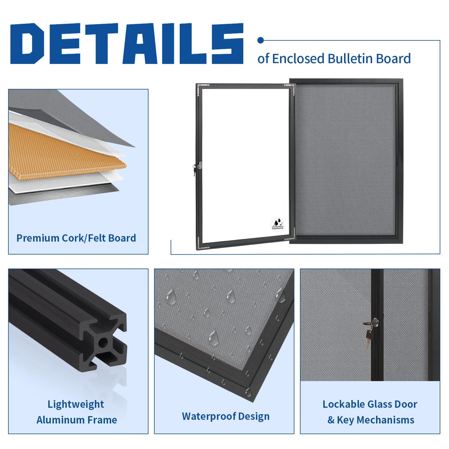 Outdoor Weatherproof Enclosed Fabric Bulletin Board,Noticeboard Case with Lockable Glass Door, Grey Felt,Black Aluminum Frame, 36x24 Inch (5xA4)