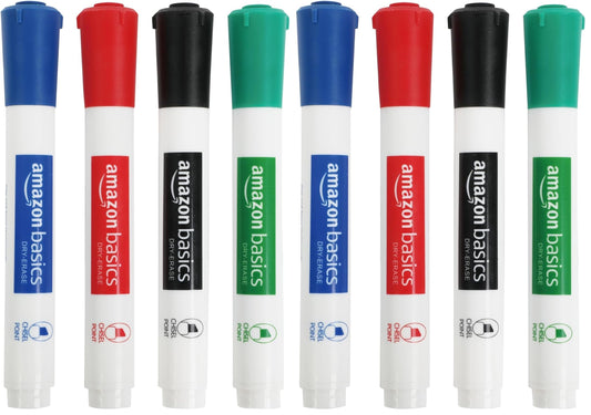 Amazon Basics Low-Odor Dry Erase Whiteboard Markers, Chisel Tip, Quick-Dry, Black, Red, Green, Blue, 8-Pack