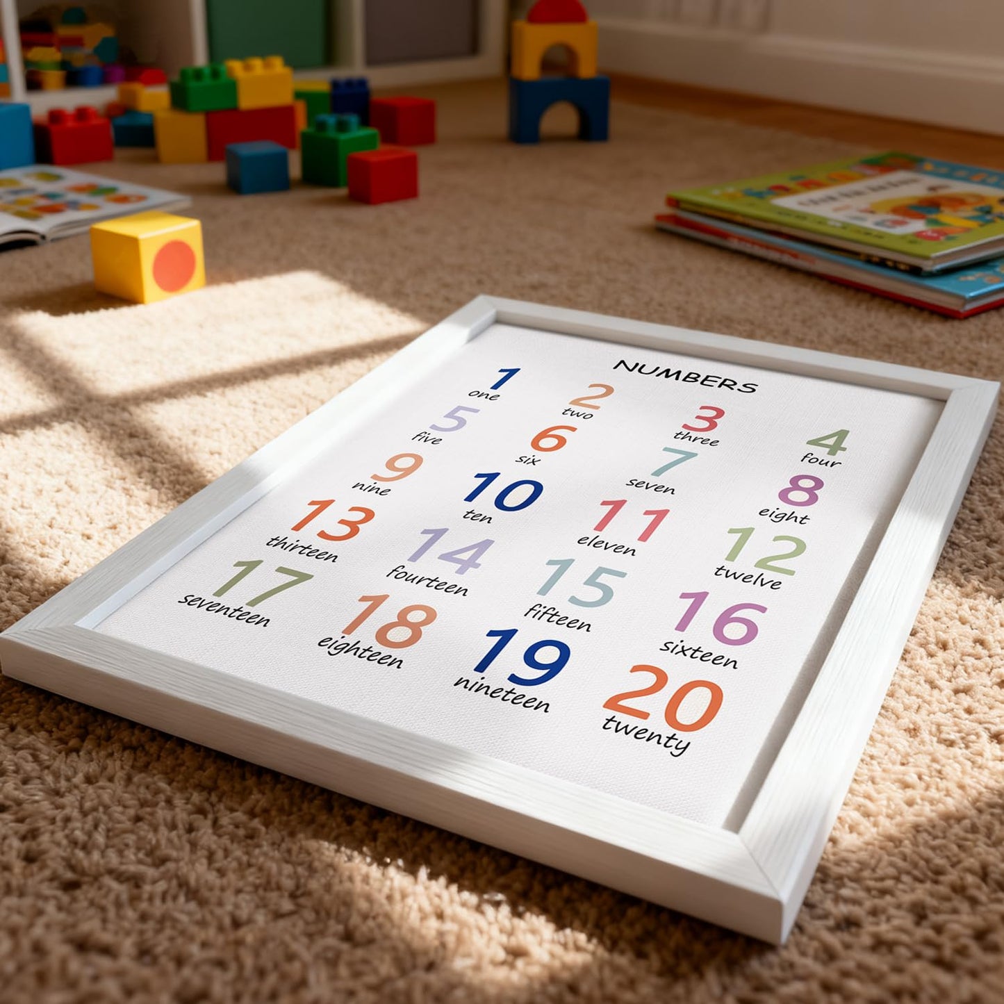 Cute Alphabet Numbers Framed Wall Art Set of 3, Boho Educational ABC Poster Wooden Sign for Baby Girl Kid Boy Toddlers, Neutral Preschool English Letters Nursery Decor for Homeschool Playroom Daycare