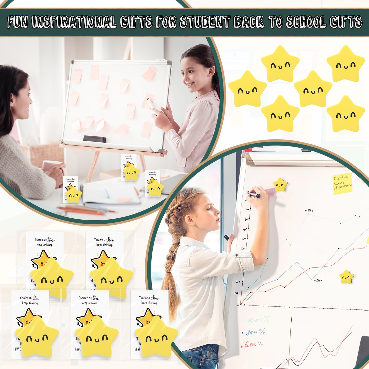 Lincia 36 Sets Smile Face Magnetic Dry Erase Whiteboard Erasers with Motivational Cards and Bags Gifts Bulk for Classroom Prize Teachers