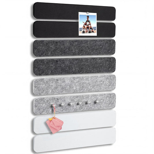 Thboxes 8 Pack Felt Bulletin Board Strips, 13x2 Inch Self Adhesive Felt Pin Boards with 50 Pushpins and 10 Wooden Clips Push Pins, Cork Board for Walls Home Office Decor(Black White Gray)