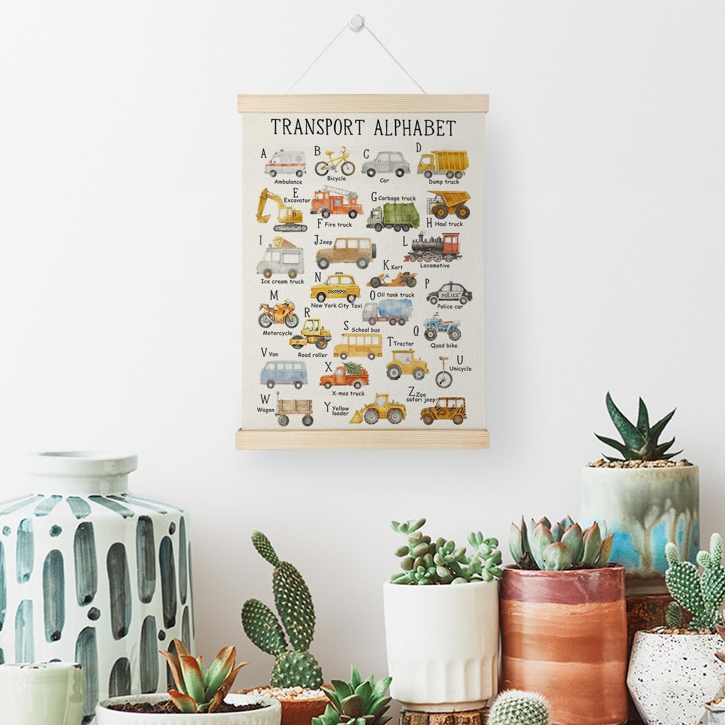 Nrleey Transport Alphabet Poster for Toddlers - ABC Posters for Toddlers, Educational Banner Poster Hanger Frame for Kids, Construction Decor for Boys Room Playroom Wall Art, 12x16 Inches