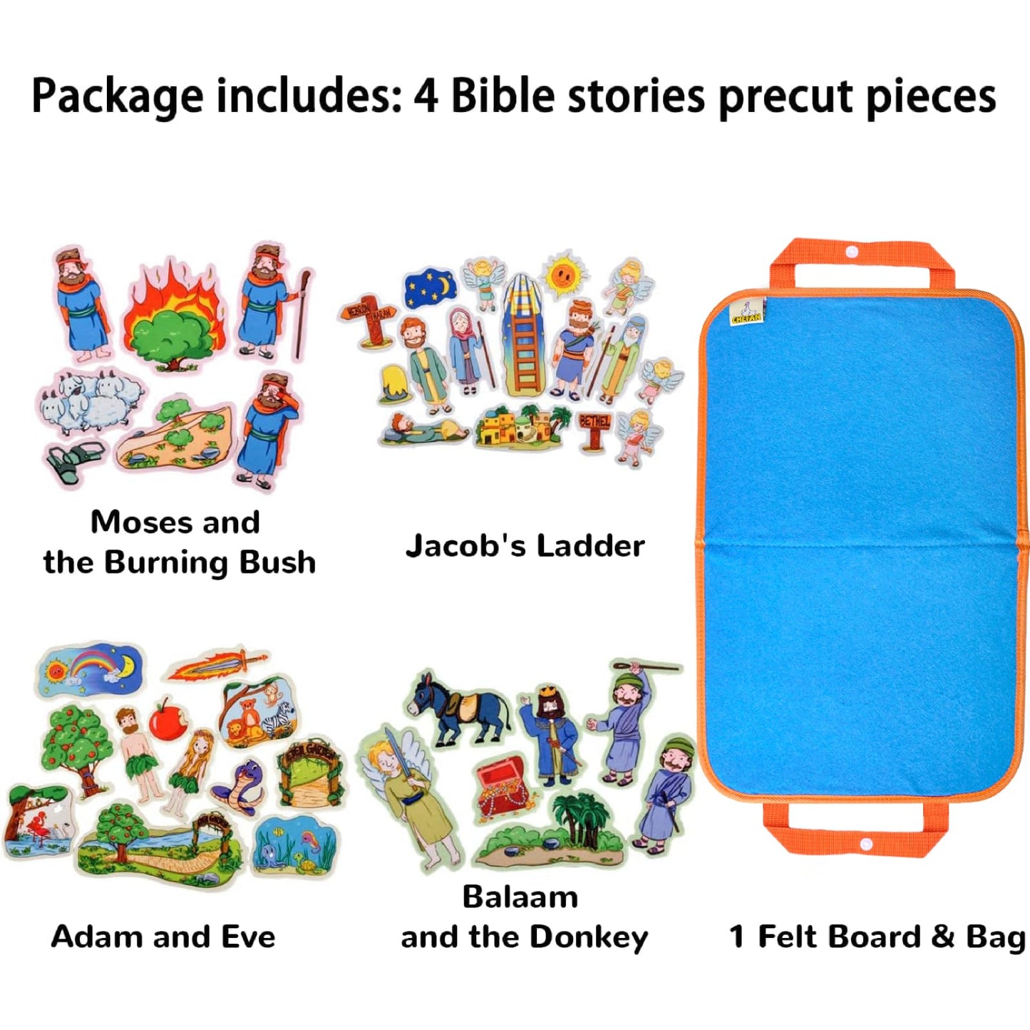 CHEFAN 4 Pack Felt Board Bible Stories Set, Flannel Board Stories Include Adam and Eve, Jacob's Ladder, Moses and The Burning Bush, Balaam and The Donkey, Precut Flannel Graph Bible Toys for Kids