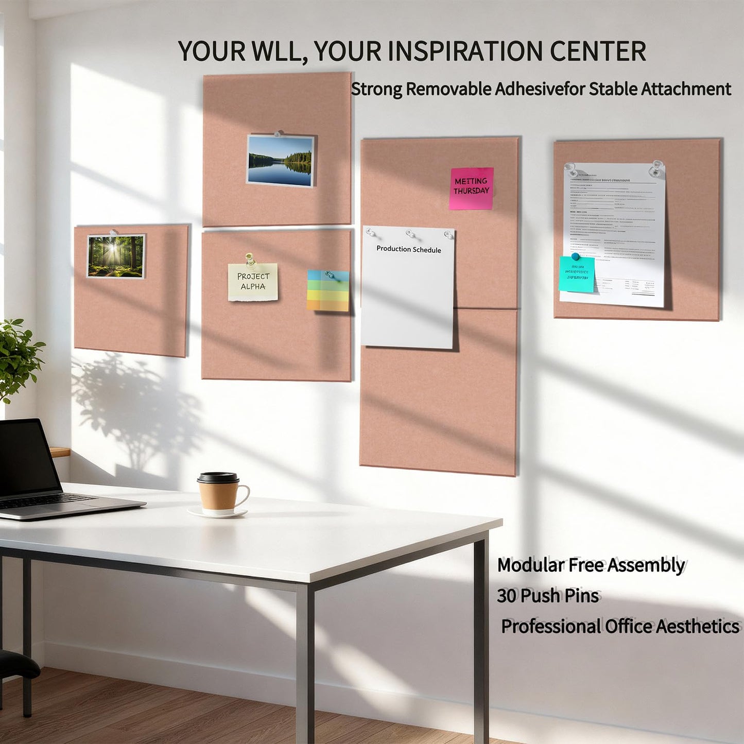 12 Pack Bulletin Boards 48" x 36" Alternative Cork Board for Office,Built-in Storage Device，Large Cork Boards for Walls ， Felt Wall Tiles, Contains Removable Security Stickers and PushPins (F-Pink)