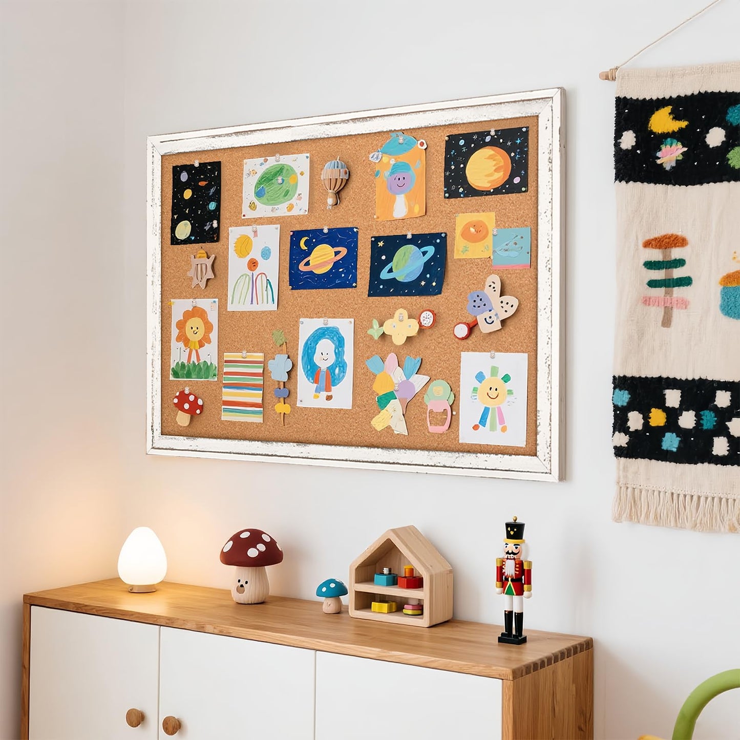 QUEENLINK Cork Board Bulletin Board, 36" x 24" Corkboard for Wall, Rustic White Wooden Frame, Hanging Pin Board for Home & Office Decor, 10 Push Pins