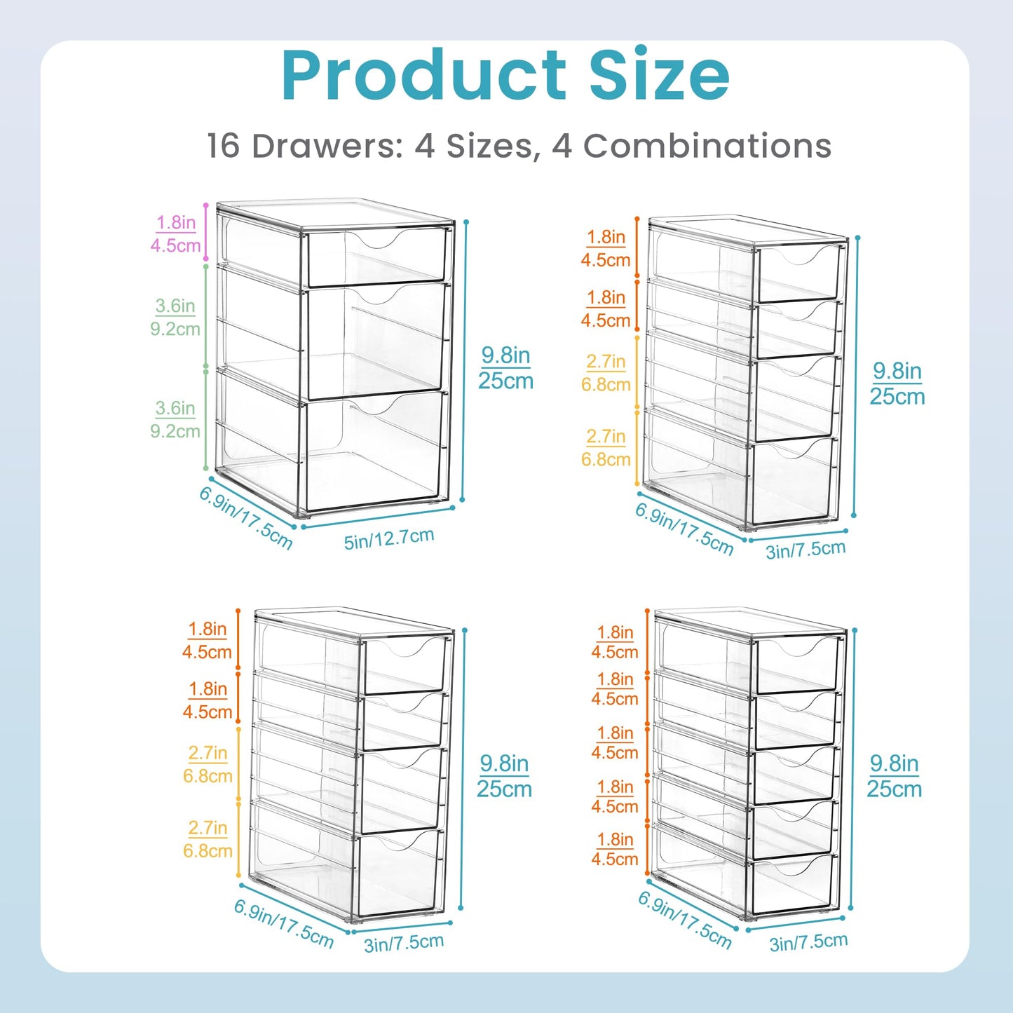 Vtopmart 4 Set Clear Desk Organizer, Pen Organizer with 16 Drawers, Acrylic Desktop Organization and Storage for Office Supplies, Pen, Makeup, Art Craft, Jewelry
