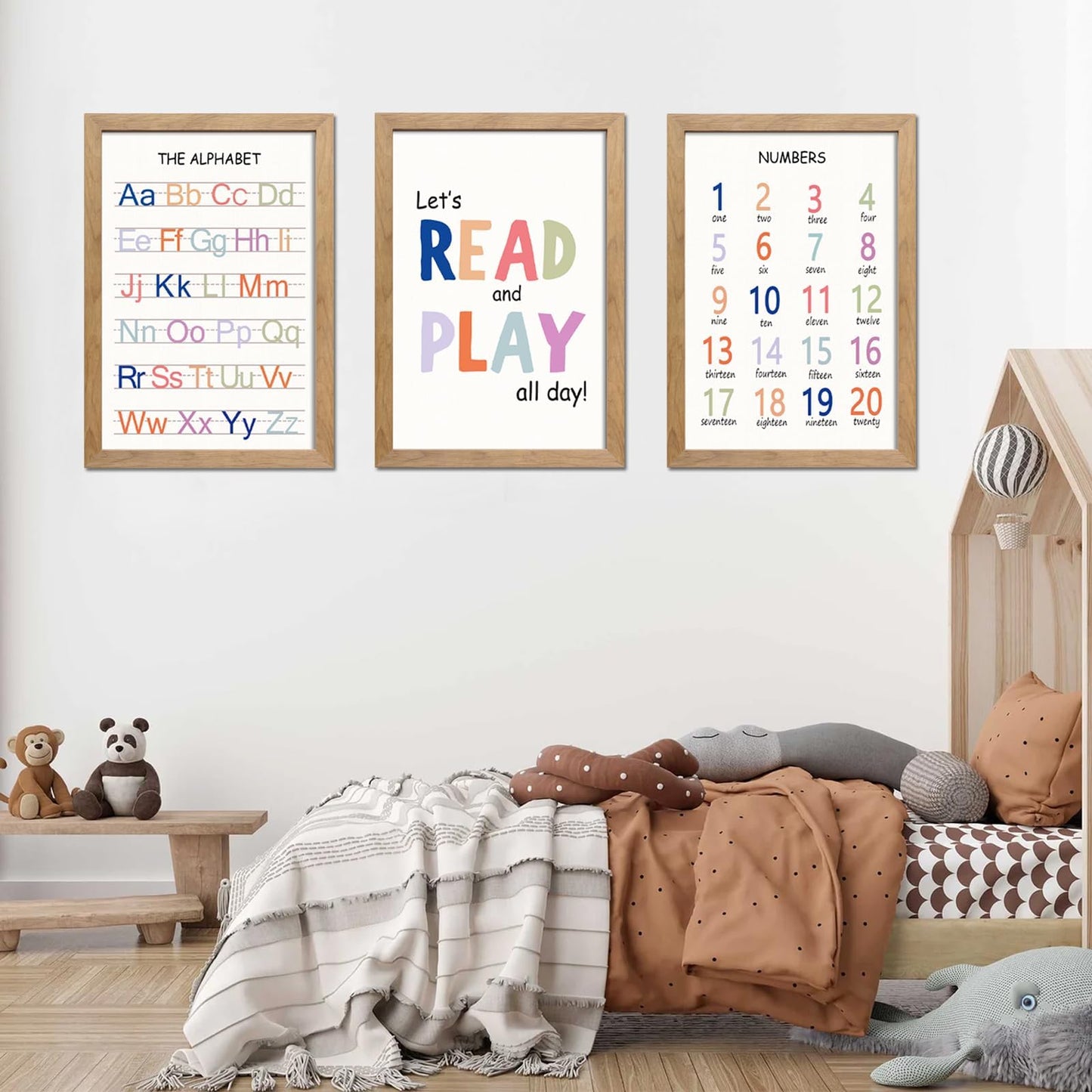 Cute Alphabet Numbers Framed Wall Art Set of 3, Boho Educational ABC Poster Wooden Sign for Baby Girl Kid Boy Toddlers, Neutral Preschool English Letters Nursery Decor for Homeschool Playroom Daycare