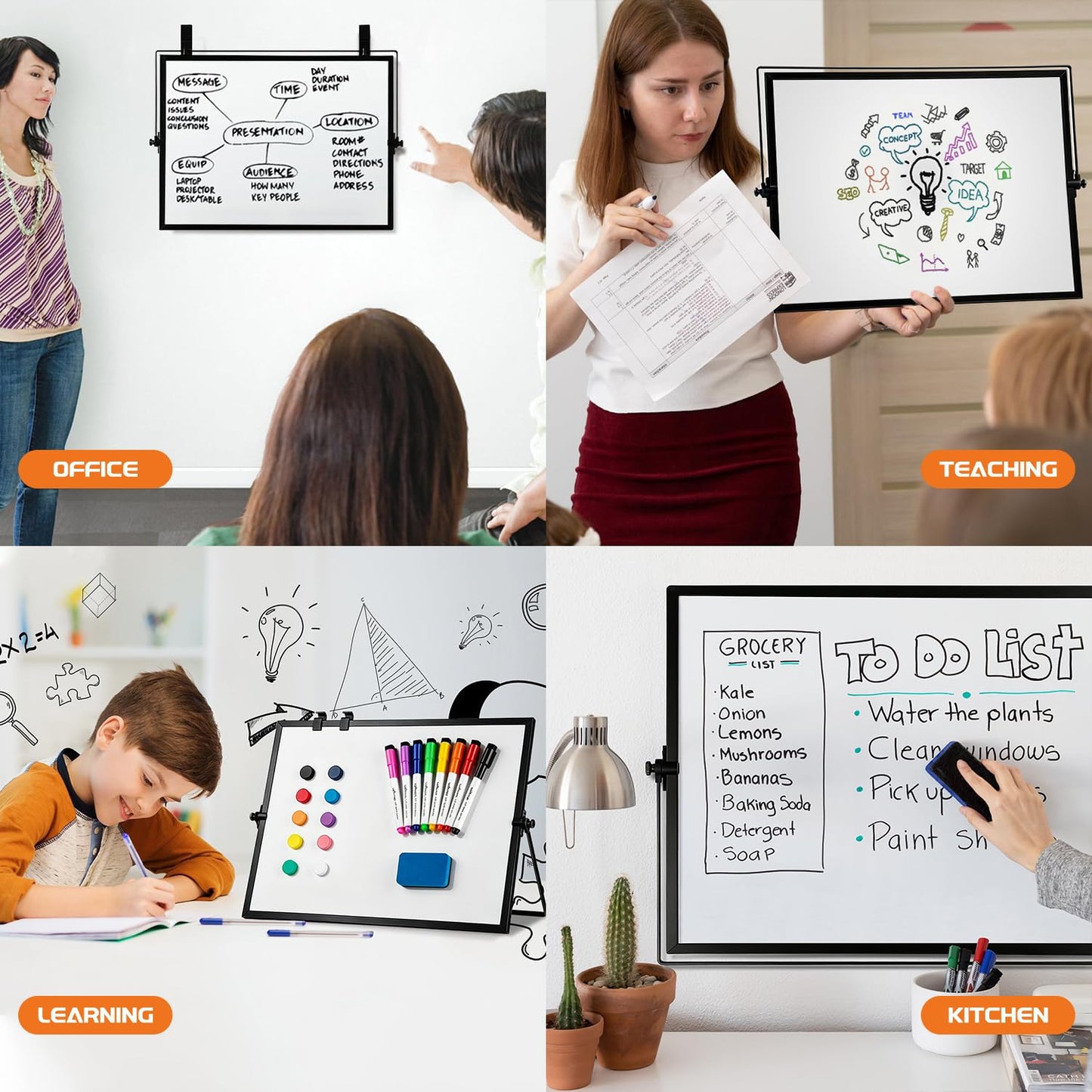 Dry Erase WhiteBoard, Aisuoker 16 x 12inch Magnetic Desktop Whiteboard with Stand, 10 Markers, 10 Magnets and 1 Eraser, Portable Double-Sided White Board for Kid Drawing Memo to Do and List Wall-Black