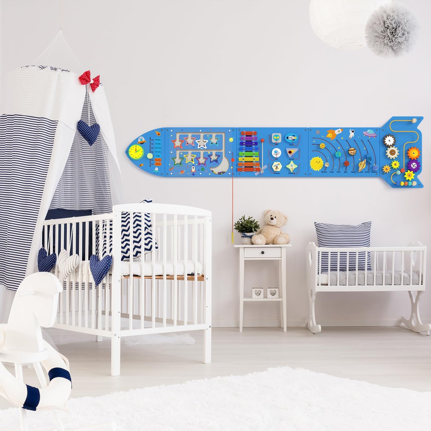nigwet Rocket Activity Wall Busy Board Panels - Sensory Wall Panel for Kids, Montessori Toddler Wall Activity Board, Wall Toys for Toddlers 3, Activity Cube, Wooden Boards, Blue