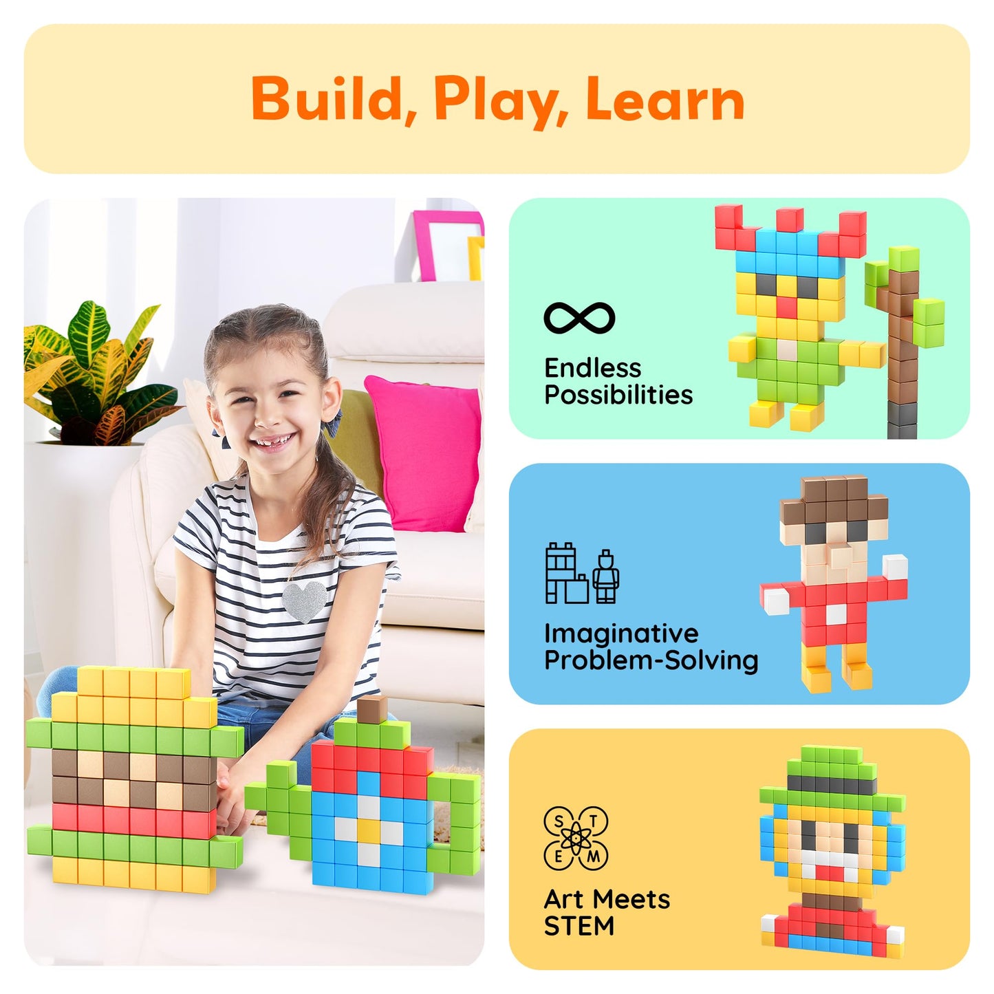 PicassoTiles 108pcs 1” Magnetic Puzzle Cubes Magnet Toys Preschool Construction Building Block Set Sensory Toy Early Education STEM Learning Come with Ideabook for Children Age 3+ Boy Girl PMC108