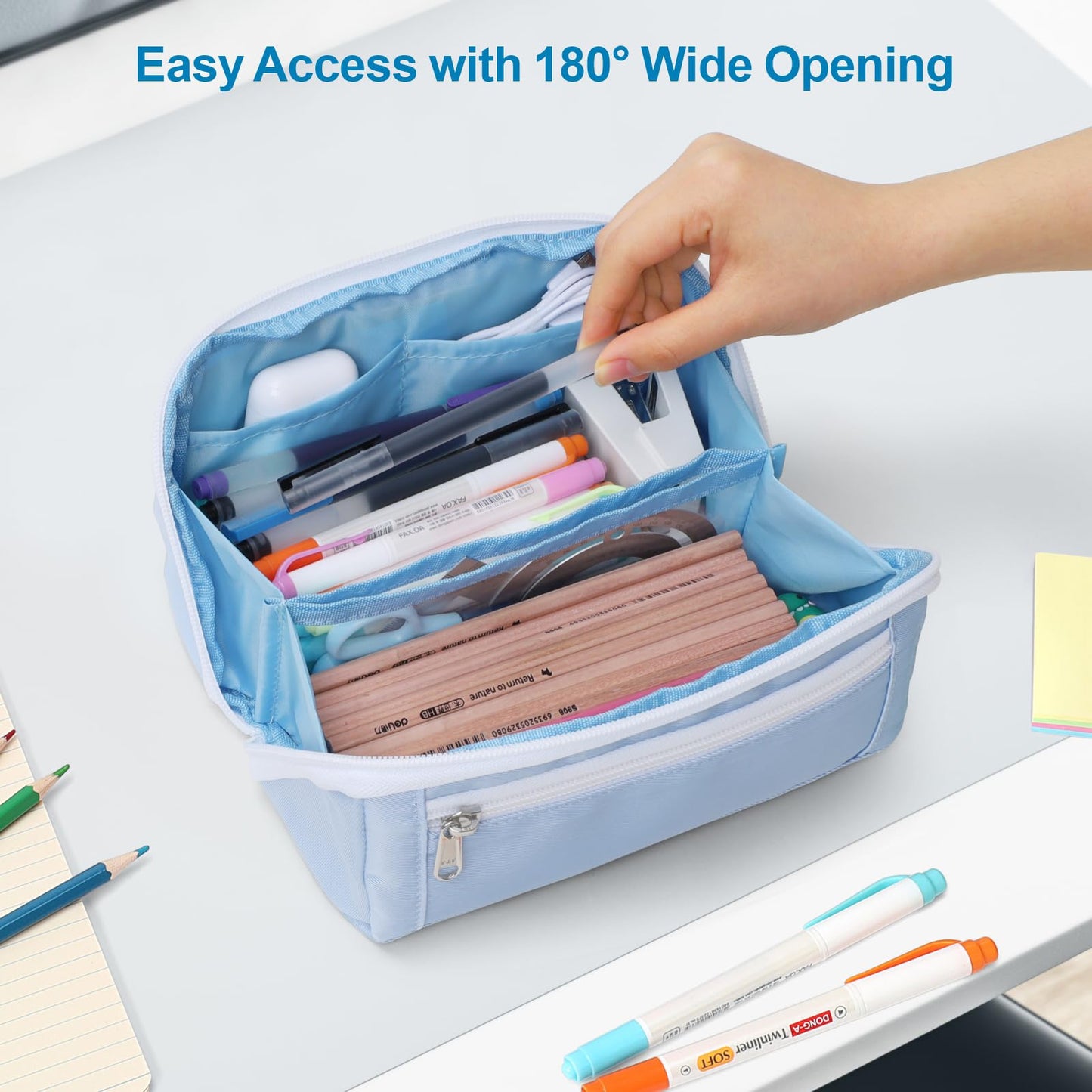 BrainyBees Large Capacity Pencil Case - Pencil Pouch for Teen Girls & Boys, Aesthetic Pouch Organizer with 8 Compartments, Wide Opening Marker Bag for Middle High School College, Fits Calculator, Blue