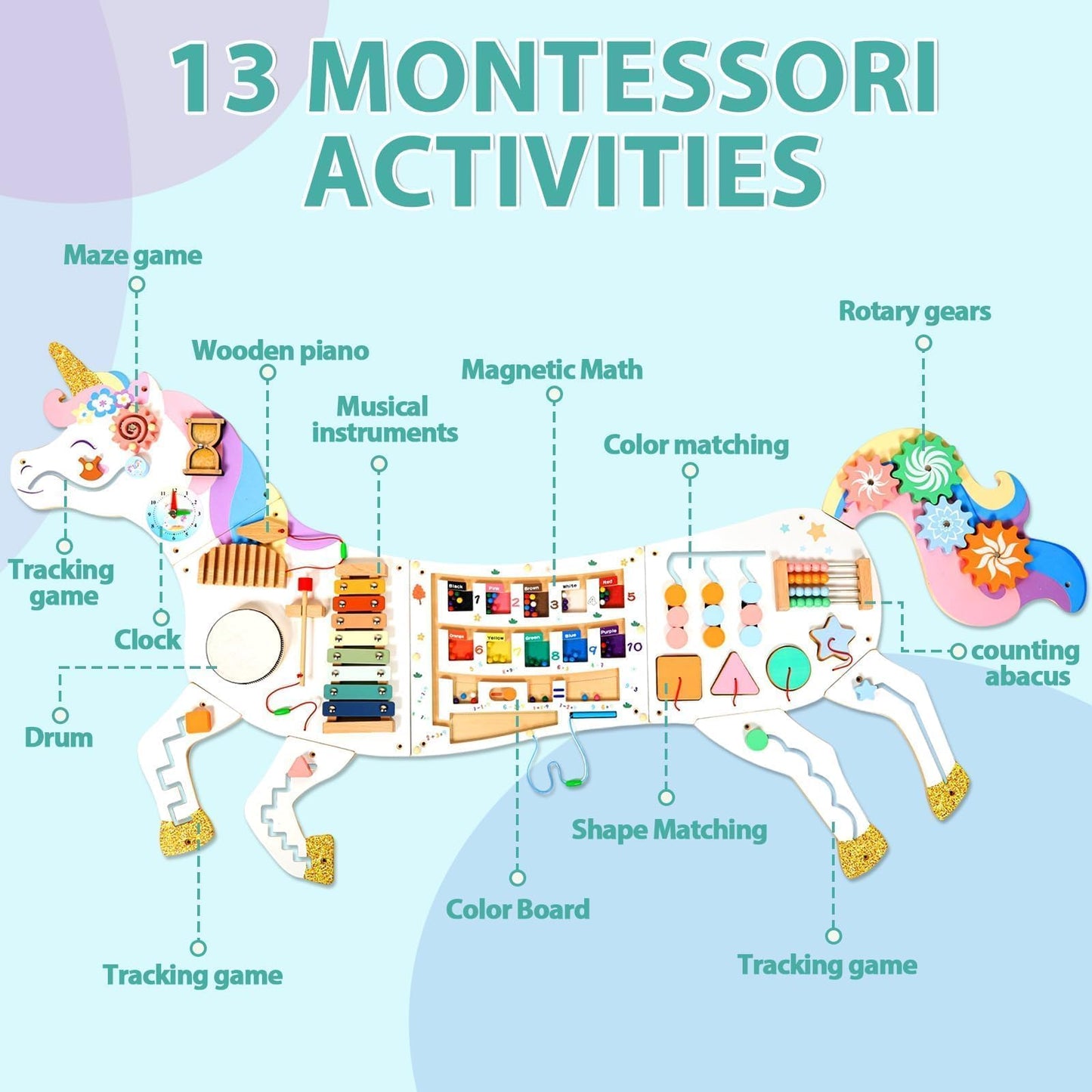 5FT Large Unicorn Activity Wall Busy Board Panels Wooden Learning Activity Center Montessori Sensory Wall Panel for Kids Interactive Educational Toy for Playroom Daycare Nursery Classroom Decor Gift