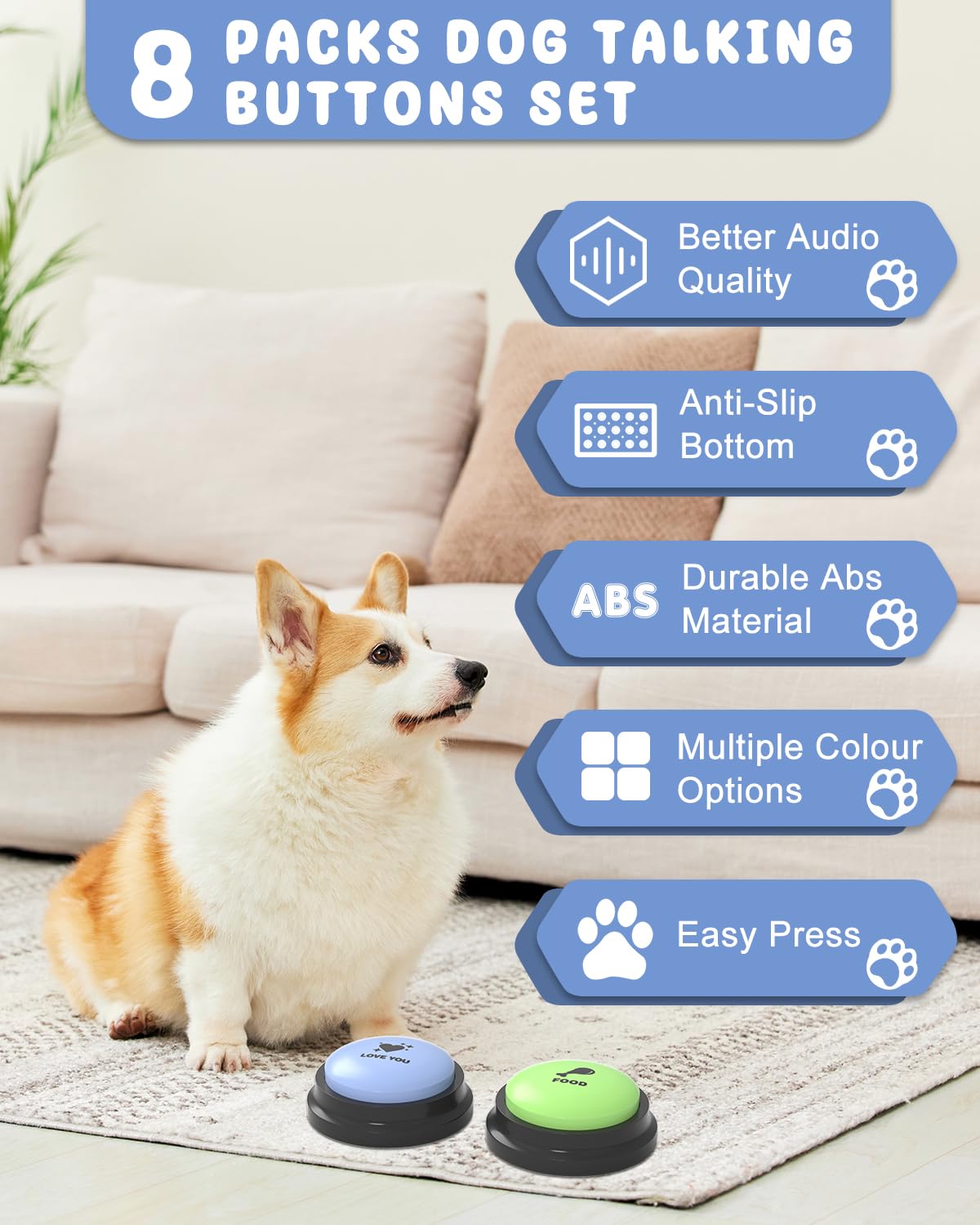 Acools Dog Buttons for Communication, 8 Dog Talking Button Set, 30s Recordable Voice Pet Buzzer Training Buttons, Speaking Button for Dogs with Anti-Slip Dog Buttons Talk Mat and 24 Scene Stickers