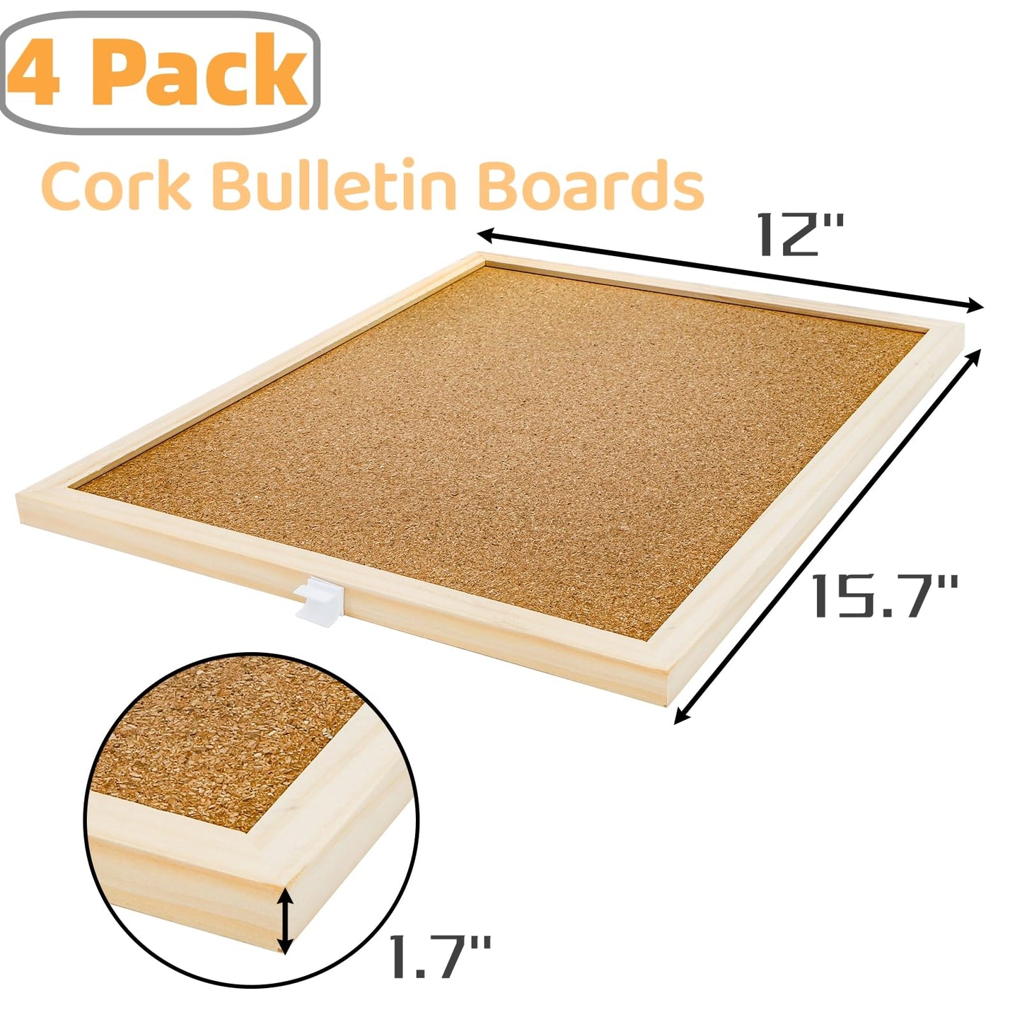 Lyellfe 4 Pack Cork Bulletin Boards, 15.7 x 12 Inch Thick Cork Tiles with Frame Push Pin Hanging Rope, Double Side Rectangle Message Notice Board for Office School Home Decor