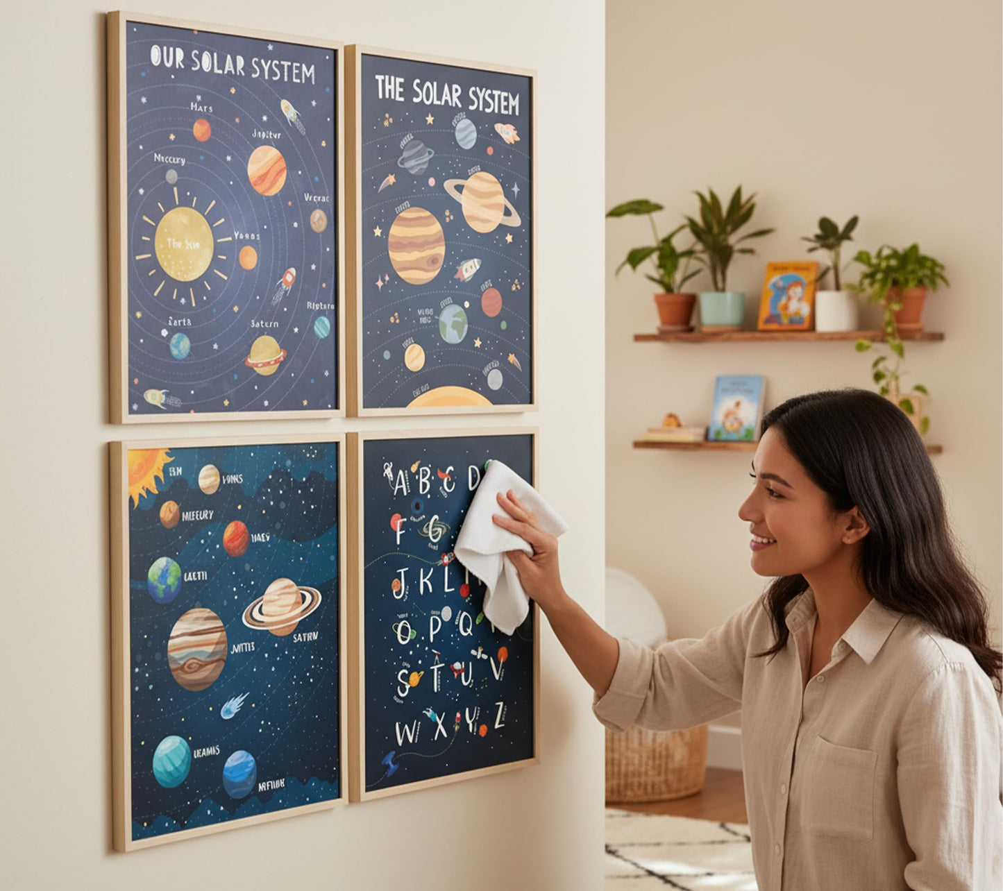 4Pcs Space Nursery Canvas Wall Art, Preschool Education Painting Picture Wall Decor, Solar System Poster Print Artworks for Classrooms, Nurseries, Children's Rooms, Playrooms, Home Decoration 12x16in