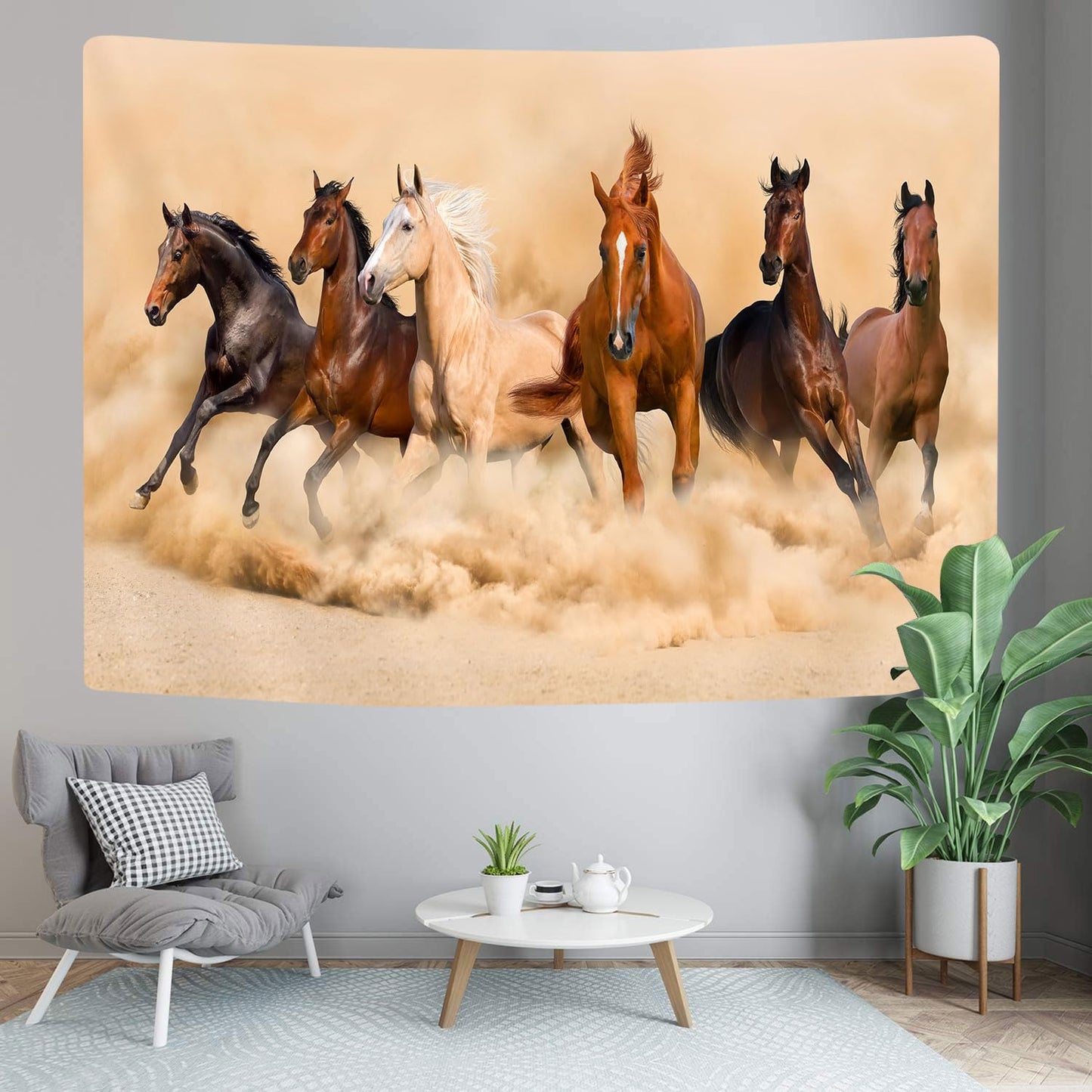 GOAOK Horse Tapestry, Galloping Wild Farm Animal Horse Running Western Desert on Mystic Sky Landscape Tapestry Wall Hanging for Bedroom Living Room Dorm Office Decor, 60X40In