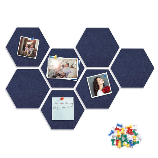 8 Packs Navy Blue Hexagon Felt Pin Board, 12" Bulletin Board with 30 Push Pins, Felt Board for Home Kitchen Office Decor, Self-Adhesive Corkboard Tiles for Walls School Message Photos Memos
