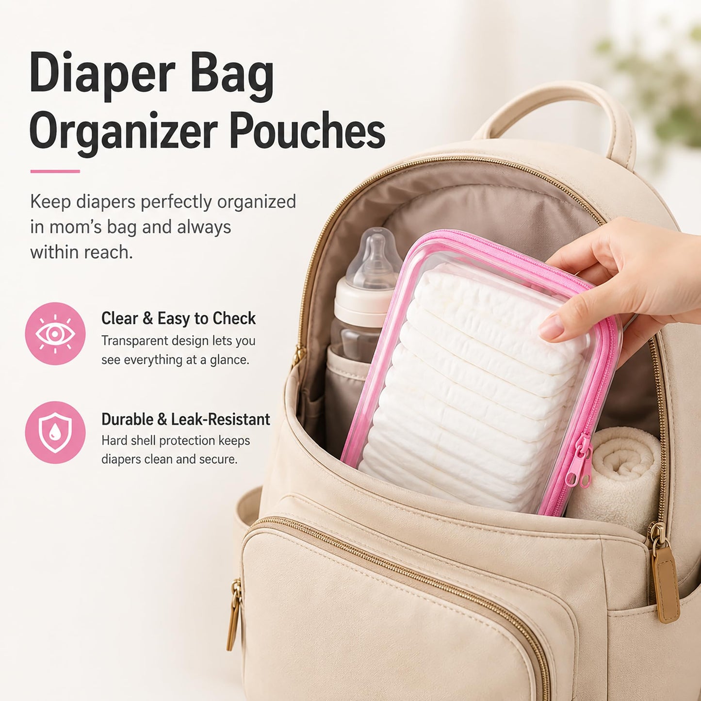2-Pack Clear Hardshell Zipper Case, 1.2mm Thicken Crush-Proof Travel Toiletries Bag, TSA Approved Portable Zipper Pouches, Rigid Toiletry & Diaper Bag Organizer for Tech, Toys & Art Supplies(Pink)