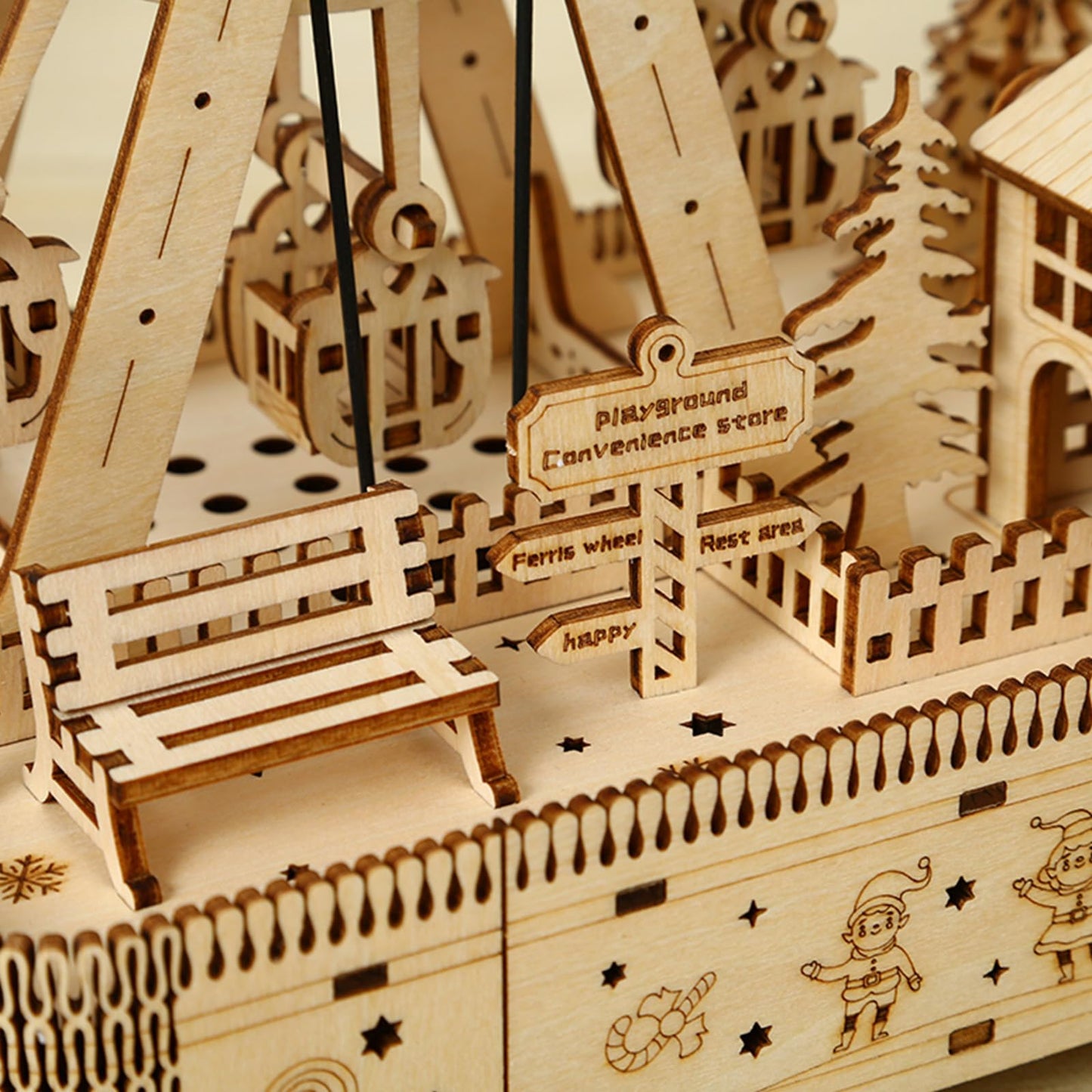 Foyucool Wooden 3D Puzzle for Adults - DIY Ferris Wheel Model Kit with Music Box & LED Lights, Mechanical Assembly Building Set, Creative Craft Gift for Friends and Family, Age 14+
