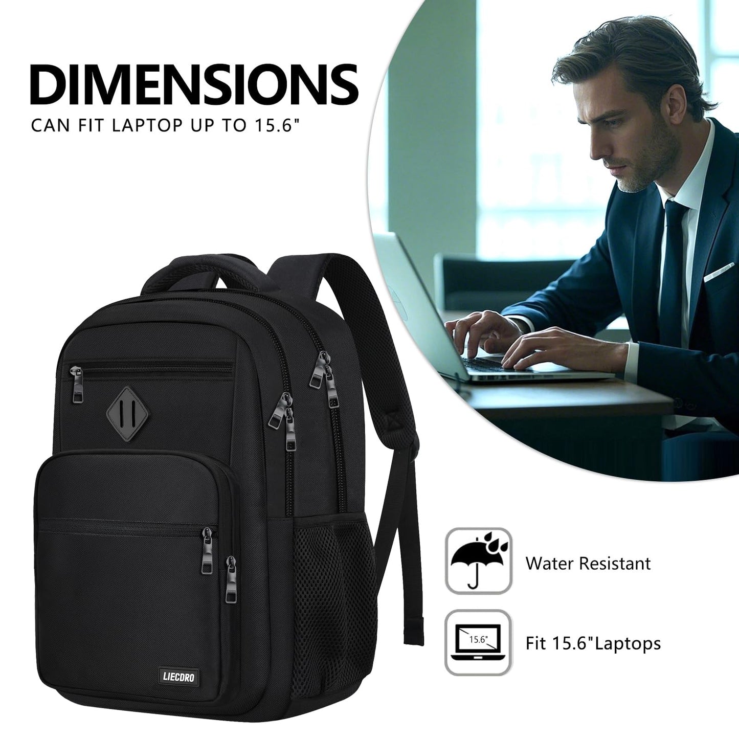 LIECDRO Black Backpack for Men, School Backpack for Boys Teens,15.6 inch Laptop Back Pack with Reinforced Straps, Backpacks for School Business Work College Travel, College Book Bag, Bookbag