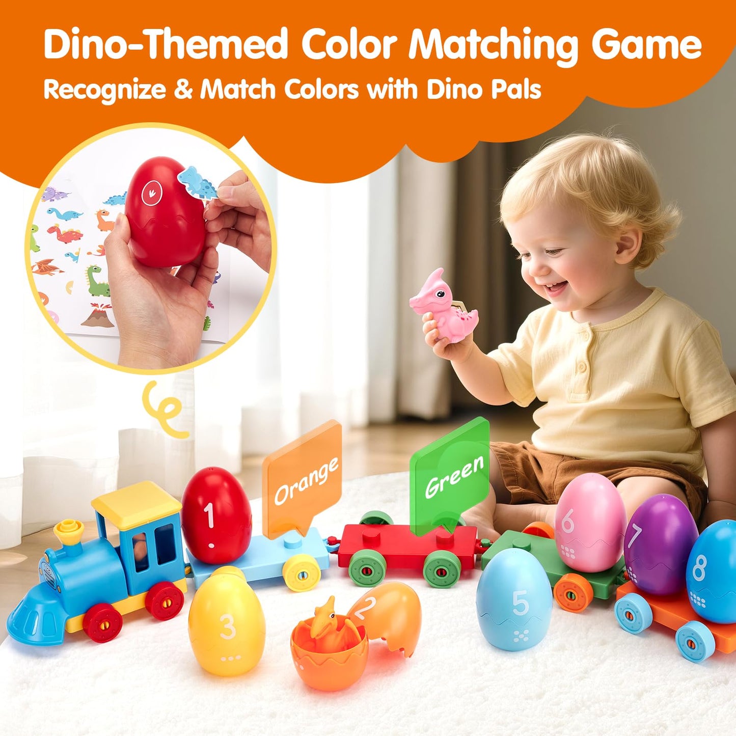 hahaland Toddler Learning Toys for 2 3 Year Old – Montessori Counting Matching Train Set with 8 Dinosaurs & Sorting Easter Eggs, Dino Stickers Toddler Toys for Kids 1-3 Years Easter Basket Stuffers