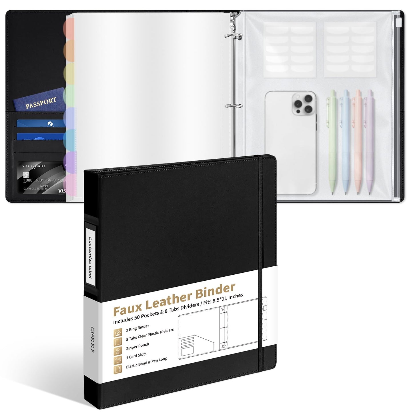 Ospelelf Leather Binder with 58 Plastic Sleeves, 3 Ring Presentation Binder for 8.5x11, Portfolio Organizer with 8 Tabbed Sleeves & Zipper Pocket for Documeents, Artwork, Certificates Black