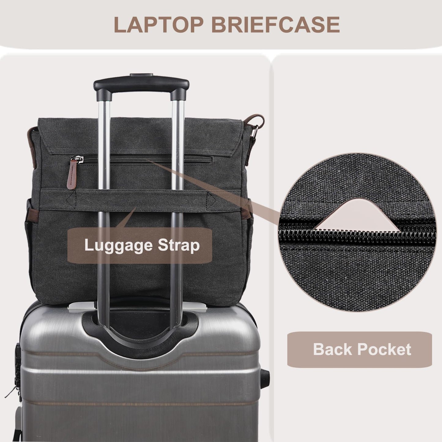 Mactso Vintage Messenger Bag 15.6 Inch Laptop for Men Women, Large Travel Crossbody Shoulder Purse with Luggage Strap,Canvas Briefcase Work Office College (Black-Upgrade)