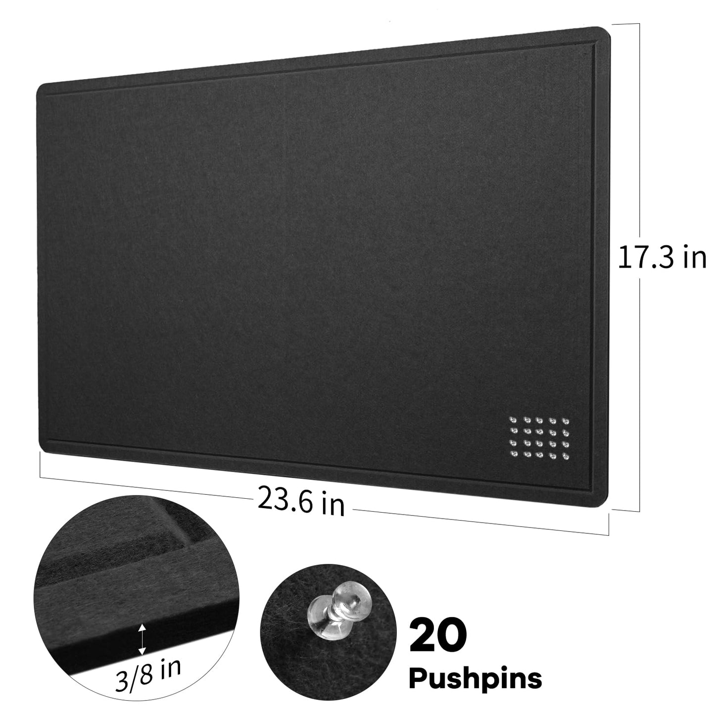 Lightomorrow Bulletin Board, 24 x 18 inches Decorative Felt Pin Board, Vision Board Cork Board Alternative for Wall, Foldable Photo Board Self-Adhesive Vision Board Mood Board with 20 Pushpins - Black