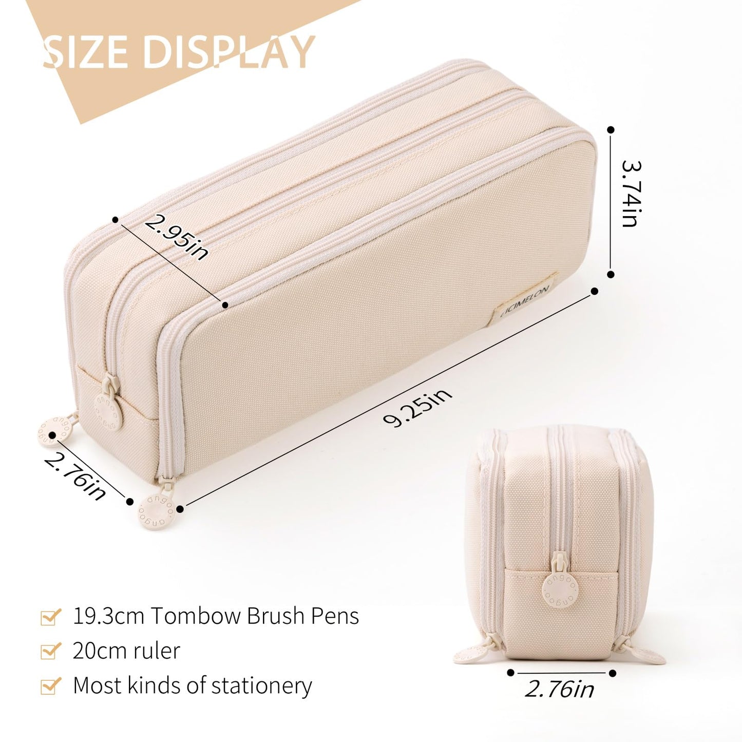 CICIMELON Large Capacity Pencil Case 3 Compartment Pouch Pen Bag for School Teen Girl Boy Men Women (Beige)