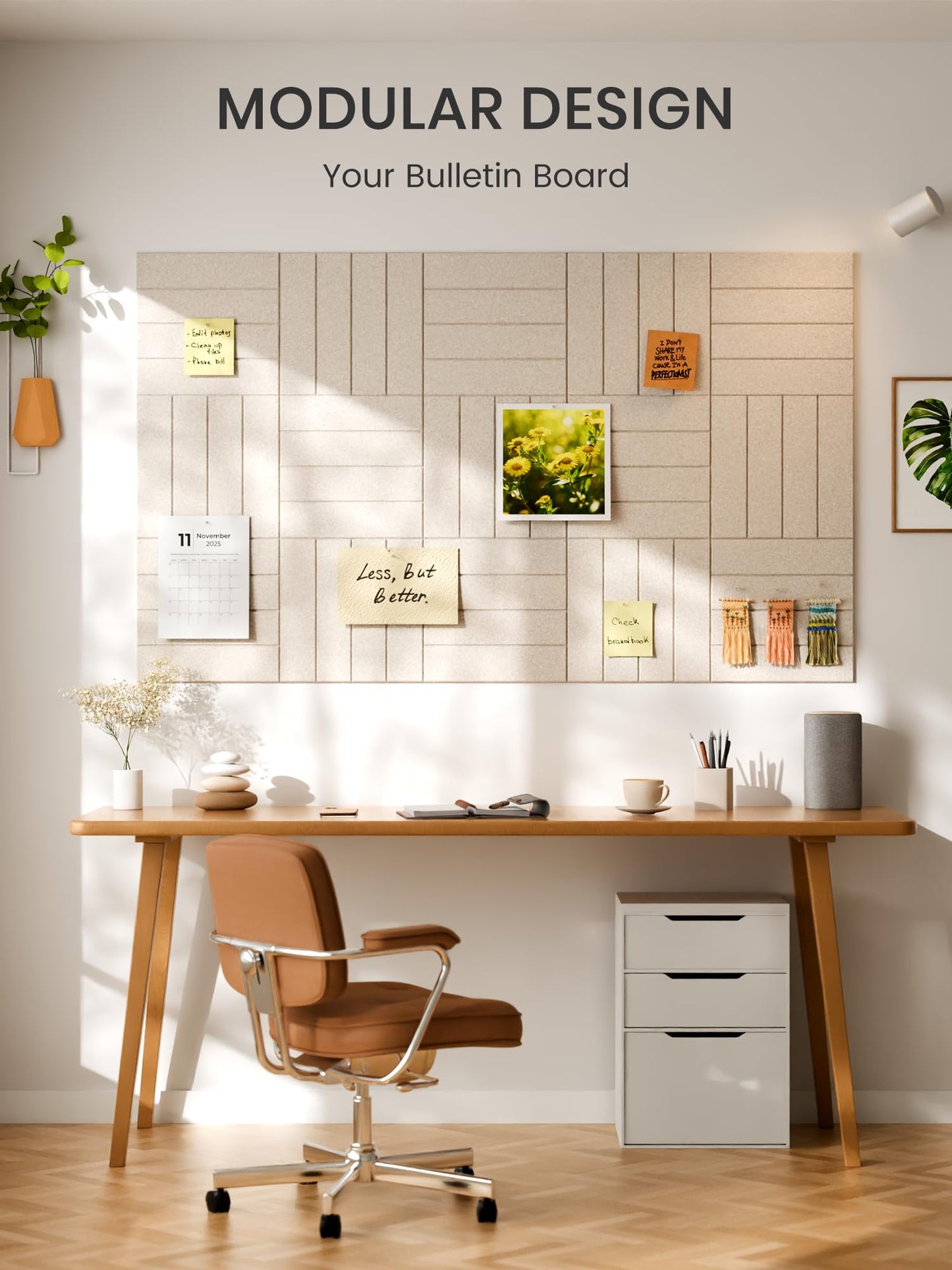 Bumusty Large Cork Board Alternative-36 x 24" Felt Bulletin Board Tiles, with 30 Pushpins, 40 Adhesive Tabs, Bold-Stripe 6-Pack, Cork Boards for Office Push Pin Board Felt Board-Oatmeal