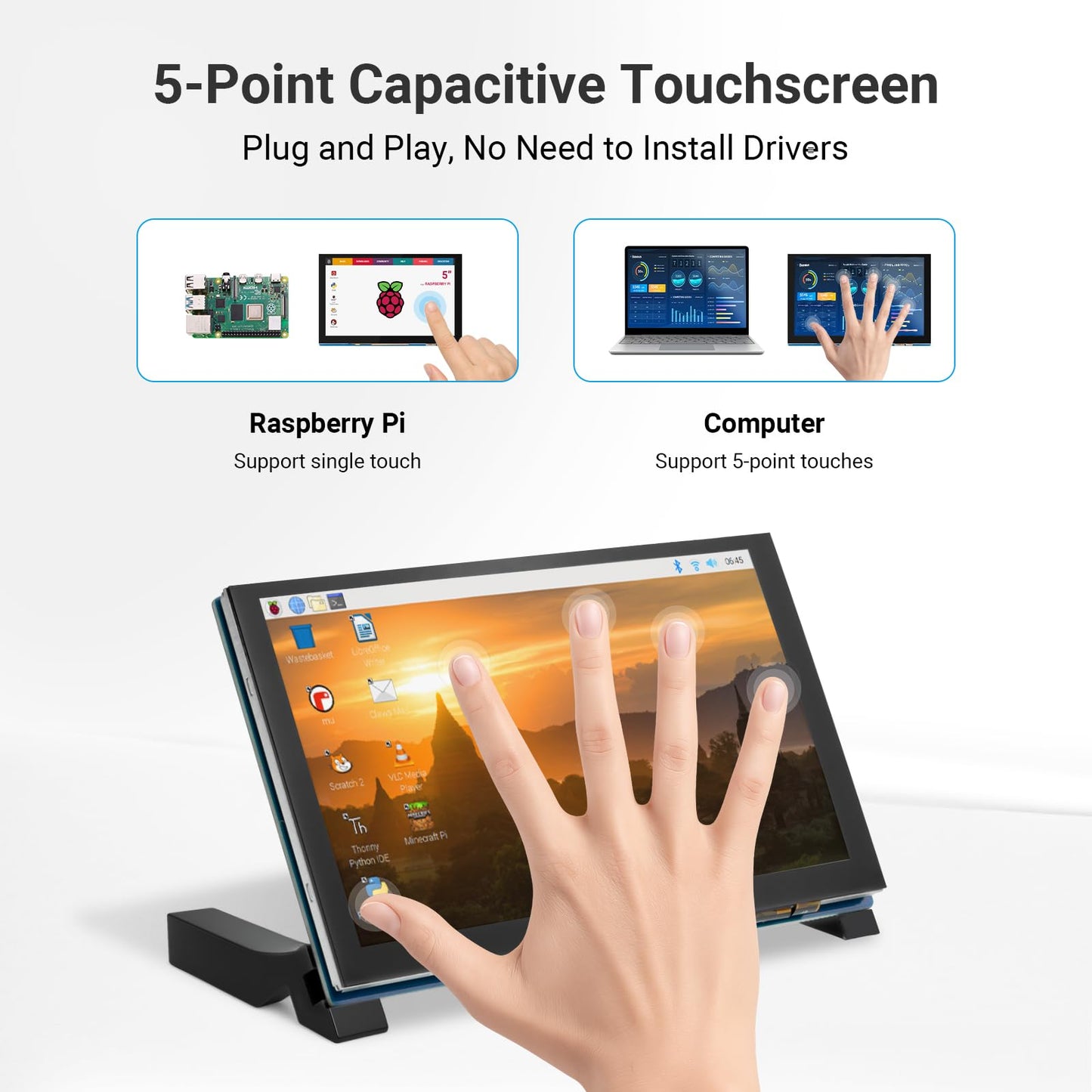 ELECROW 5 Inch Touchscreen Monitor for Raspberry Pi, 800x480 IPS DSI LCD Capacitive Touch Screen Display with Acrylic Stand, Plug and Play, PWM Backlight Control, for Raspberry Pi 5/4/3 (No HDMI)