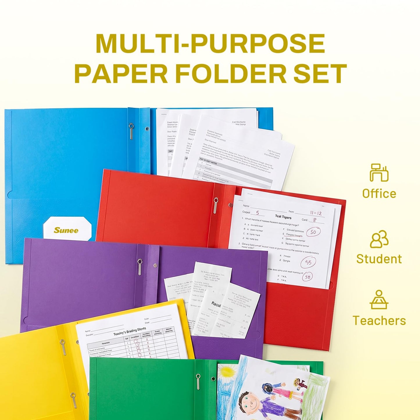 SUNEE 2 Pocket Folders with Prongs (25 Pack, Yellow), Paper Folders with 2 Pockets and 3 Prongs Fit Letter Size Paper, Folders with Prongs for School Office Home Business