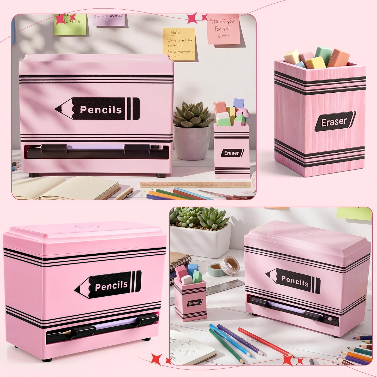 Gueevin 2pcs Pencil Dispenser for Classroom, Fun Desk Organizer with Eraser Holder, Interactive Pencil Storage for Teachers, Students & Homeschool Desk Organizer, Back to School Supplies(Pink)
