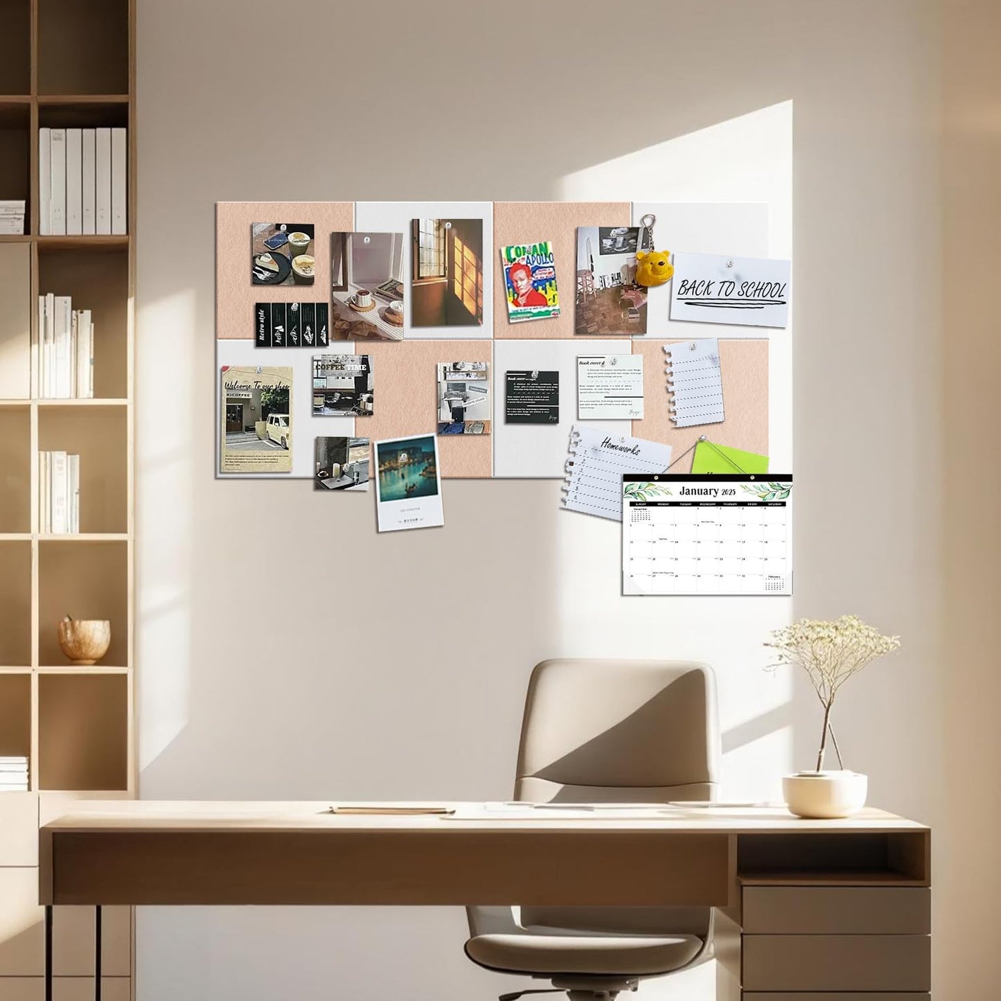 TSJOFFICE Large Cork Board for Wall - 48" x 24" Bulletin Board with 30 Pushpins for Office Decor, Pin Board 8 Pack Felt Tiles with Safe Removable Adhesive Tabs, Corkboard for Home - Cinnamon & White