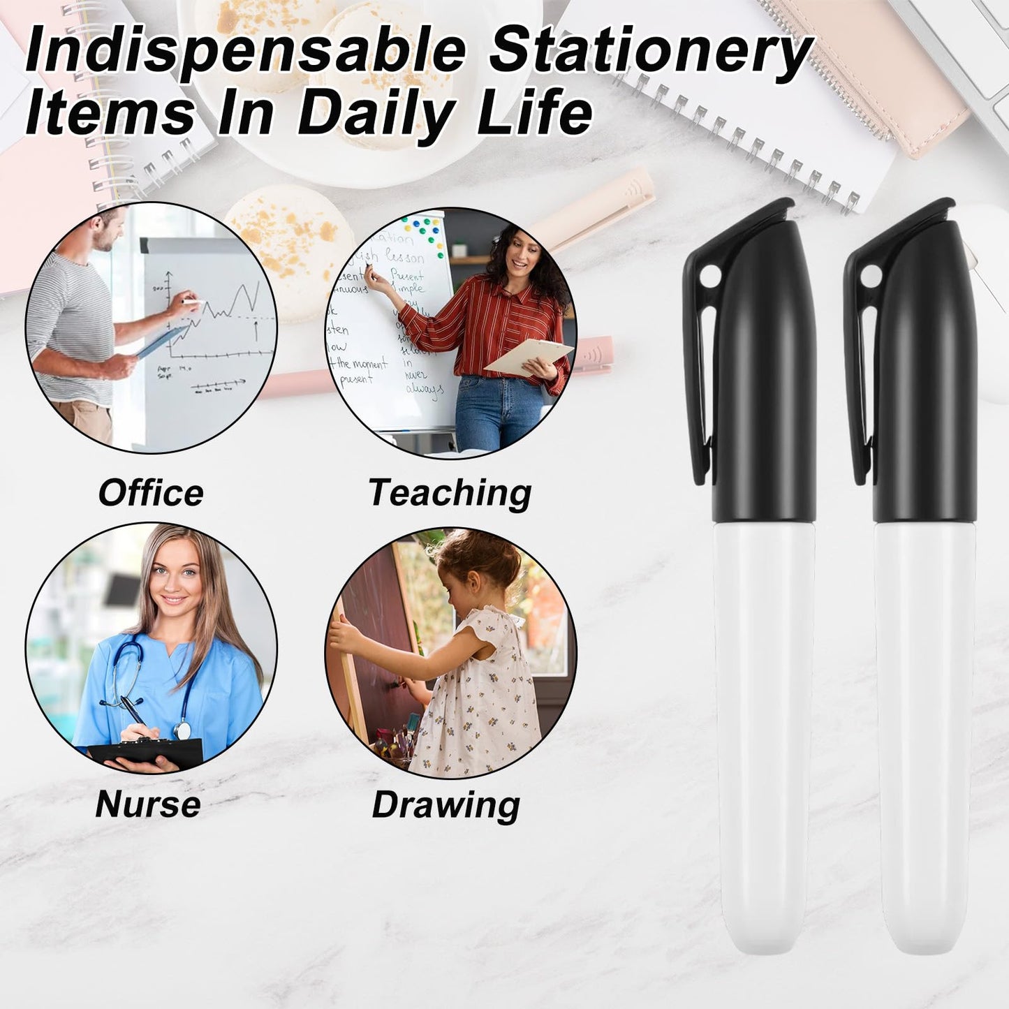 JOUTYFOR 100 Pcs Mini Dry Erase Markers for Nurses Badge Erasable Whiteboard Markers with Cap Back to School Low Odor Dry Erase Pens for Office Classroom Supplies (Black Ink)