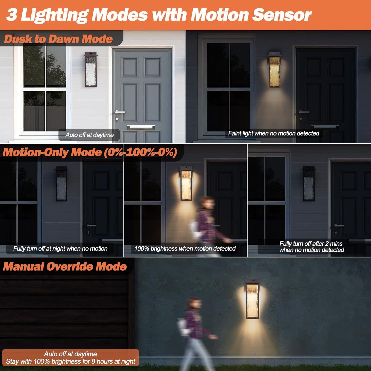 VenzBlomia LED Outdoor Lanterns, 16in Waterproof Motion Sensor Sconce, Oil Rubbed Bronze, 2 Pack, Rustic Metal Design