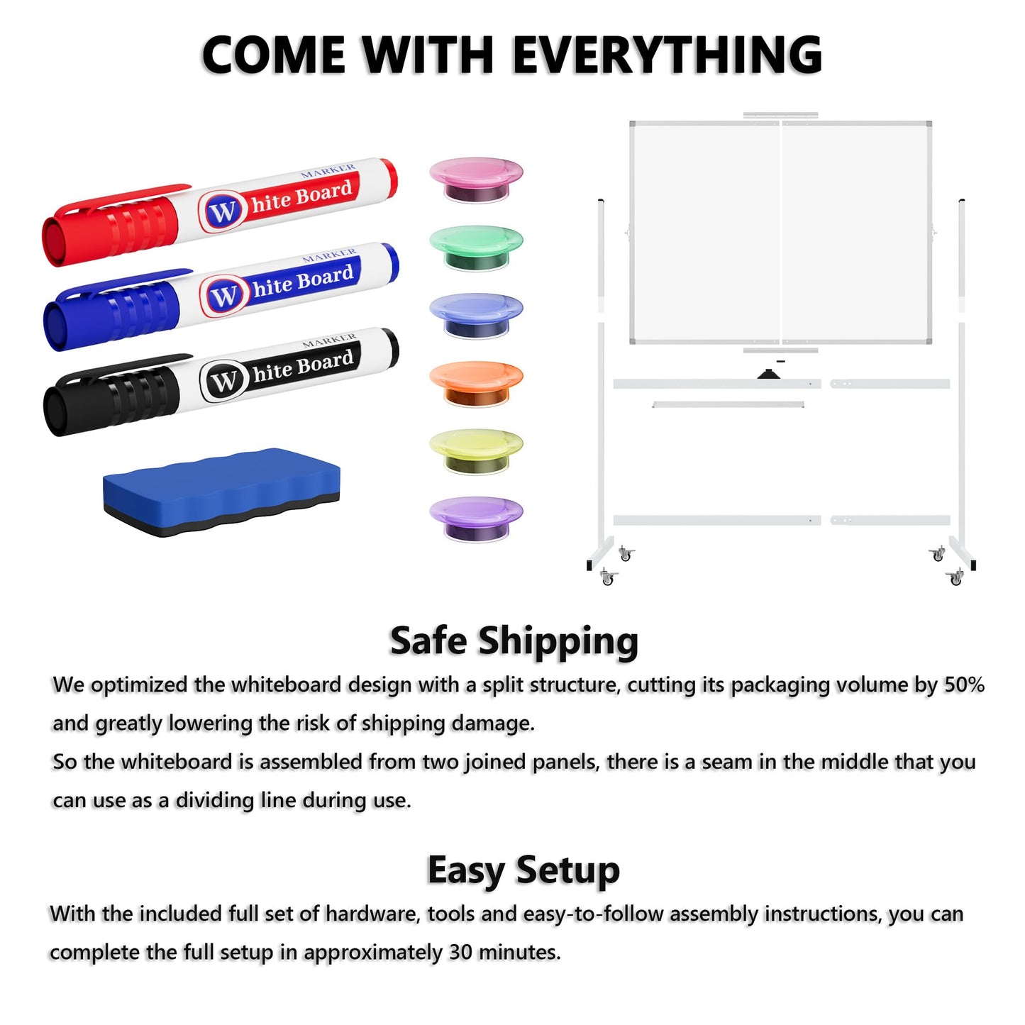 Large Rolling Whiteboard on Wheels, 48" x 36" Double-Sided Mobile White Board with Stand, 4' x 3' Portable Standing Magnetic Dry Erase Board Easel for Home Office Classroom School, Silver