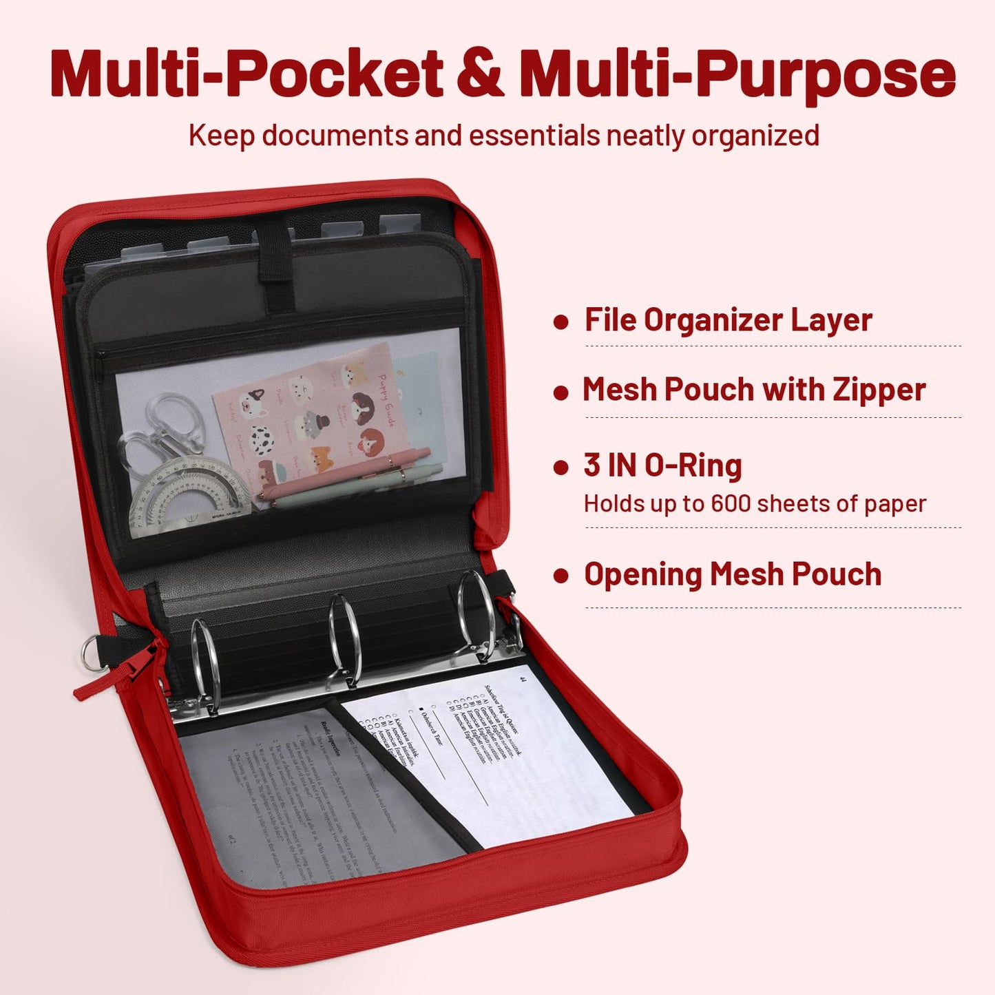 SUNEE Zipper Binder 3 Ring, 3 Inch O-Ring with Handle and Shoulder Strap, 600-Sheet Capacity, 5-Tab Expanding File Folder, Multi-Pockets for Middle School Organizer Binder with Zipper, Bright Red