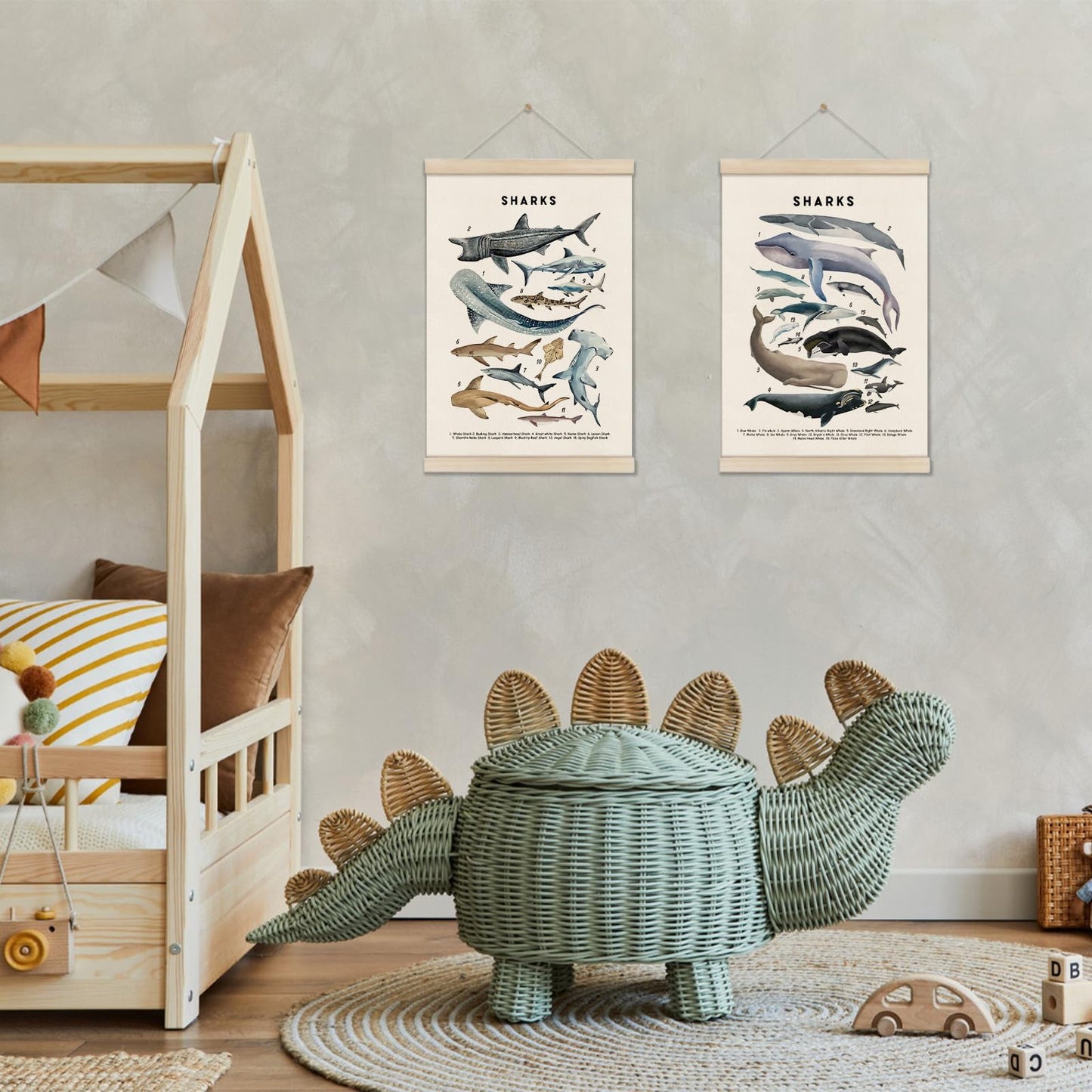 DOI-LANEE Shark Poster Hanger Frame, Set of 2 Shark Canvas Wall Art 16x12 Inch, Kids Educational & Learning Posters, Ocean Room, Sea Animal Decor for Playroom Classroom, Ocean Animals Wall Decor