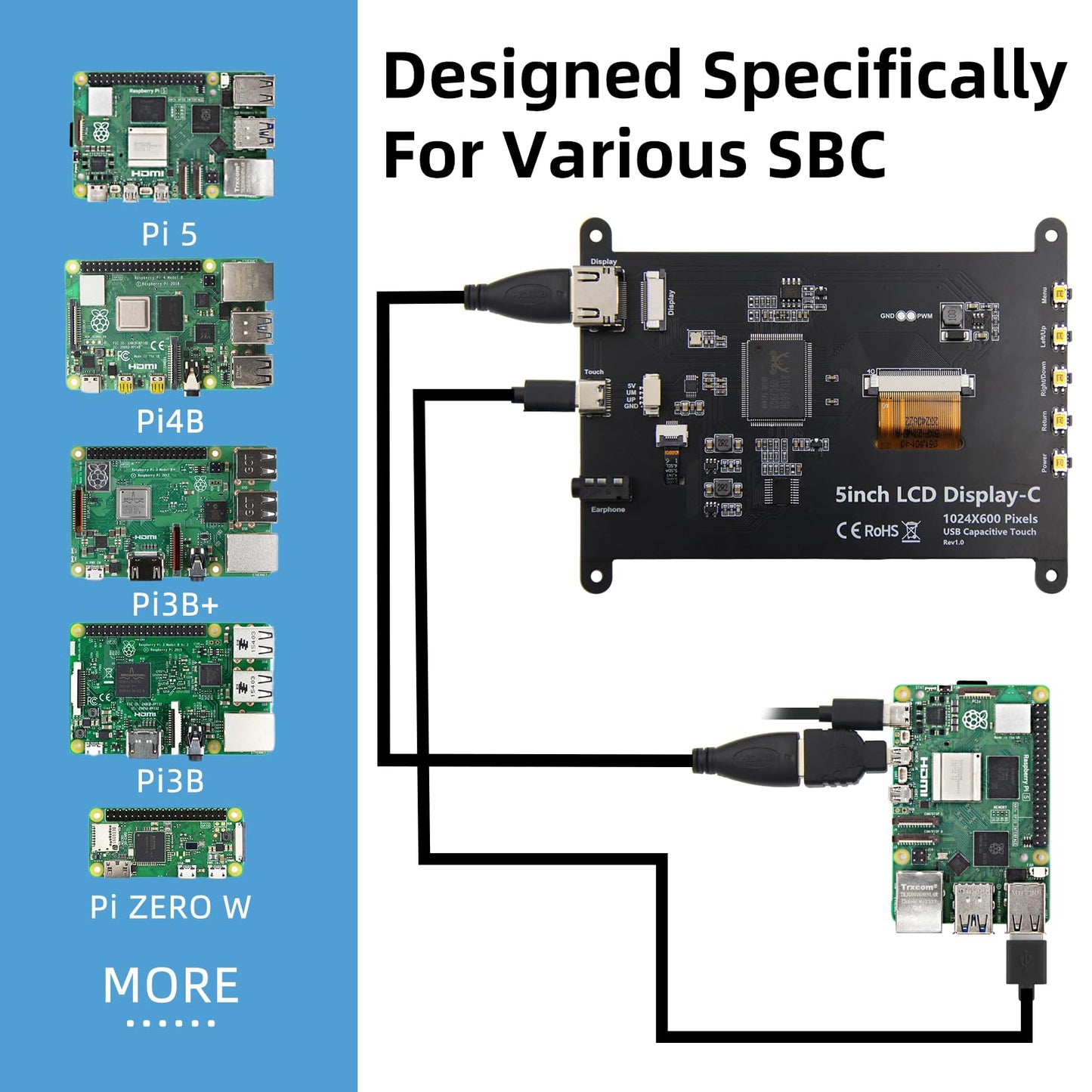 iPistBit 5 Inch LCD Touch Screen, 1024x600 IPS Display with Stand, HDMI Portable Monitor for Raspberry Pi 5/4B/3B+/3B/B+/Zero/400, BB Black, Windows 10 8 7, Free Driver